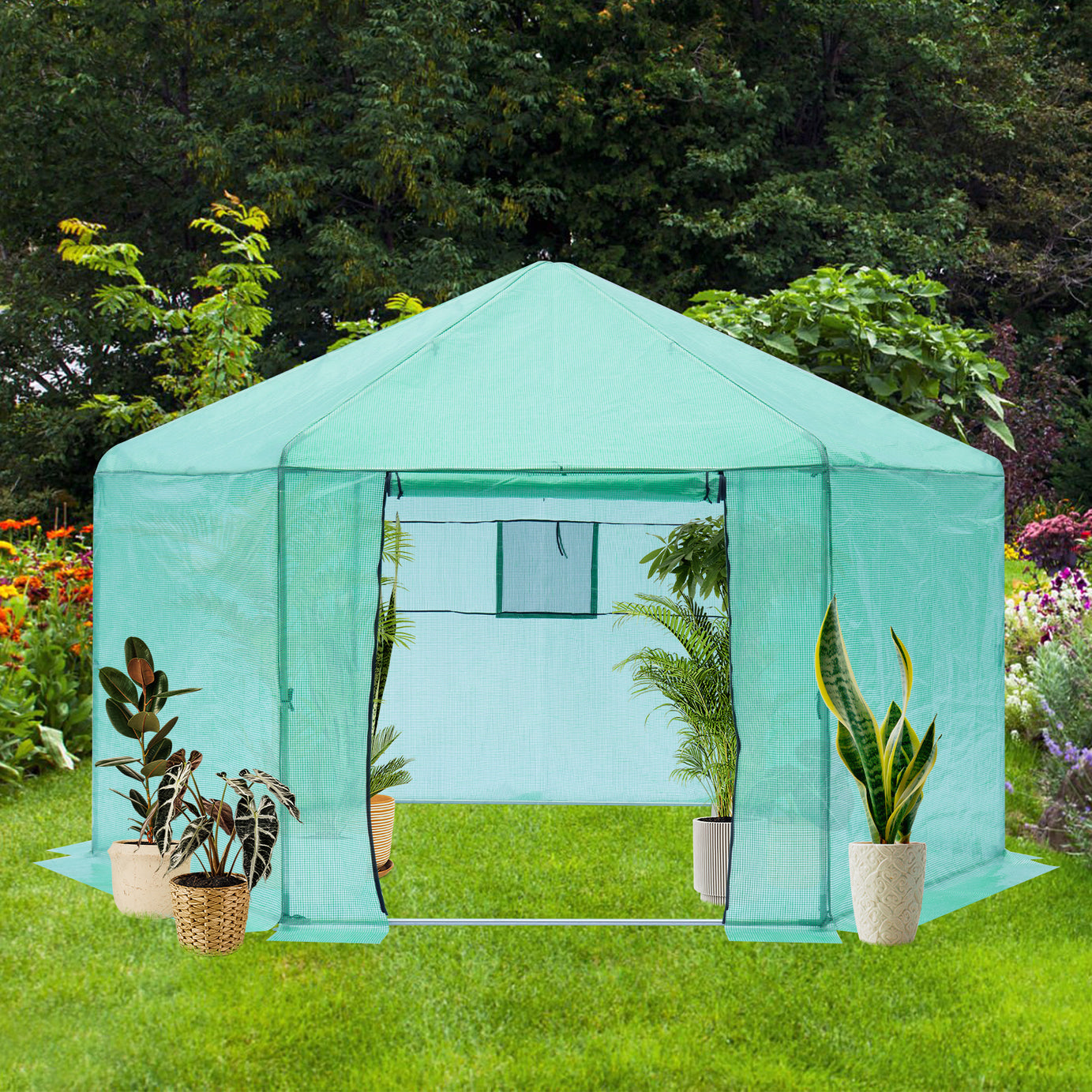 Walk-in Greenhouse Hexagonal Upgrade Reinforced Frame Heavy Duty Plastic Greenhouse Reinforced Thickened Waterproof Insulation(13.1*8.6 ft)--1