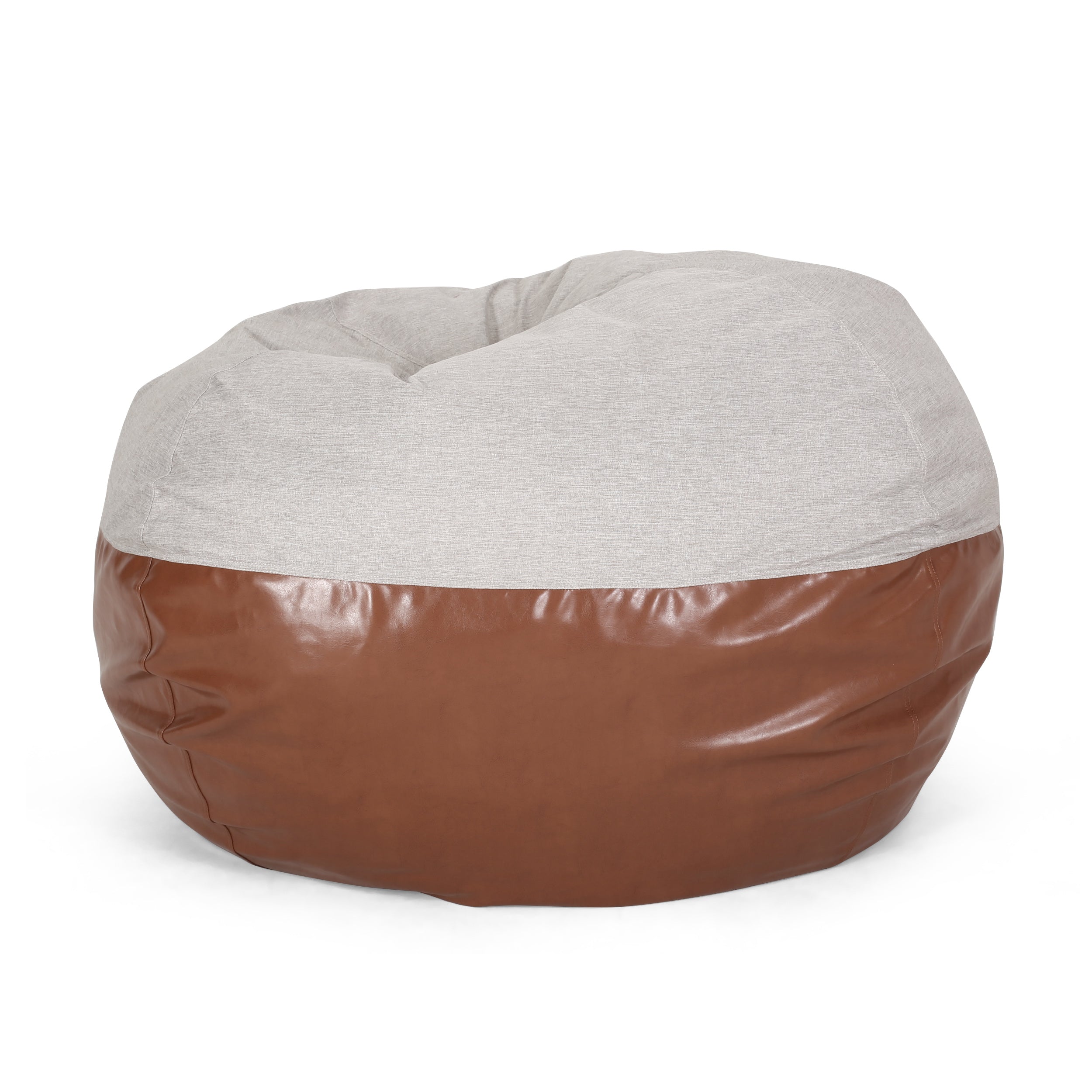 Maxi 5 Foot Two color Fabric and Faux Leather Rounded Bean Bag, Light Grey and Coffee Brown--1