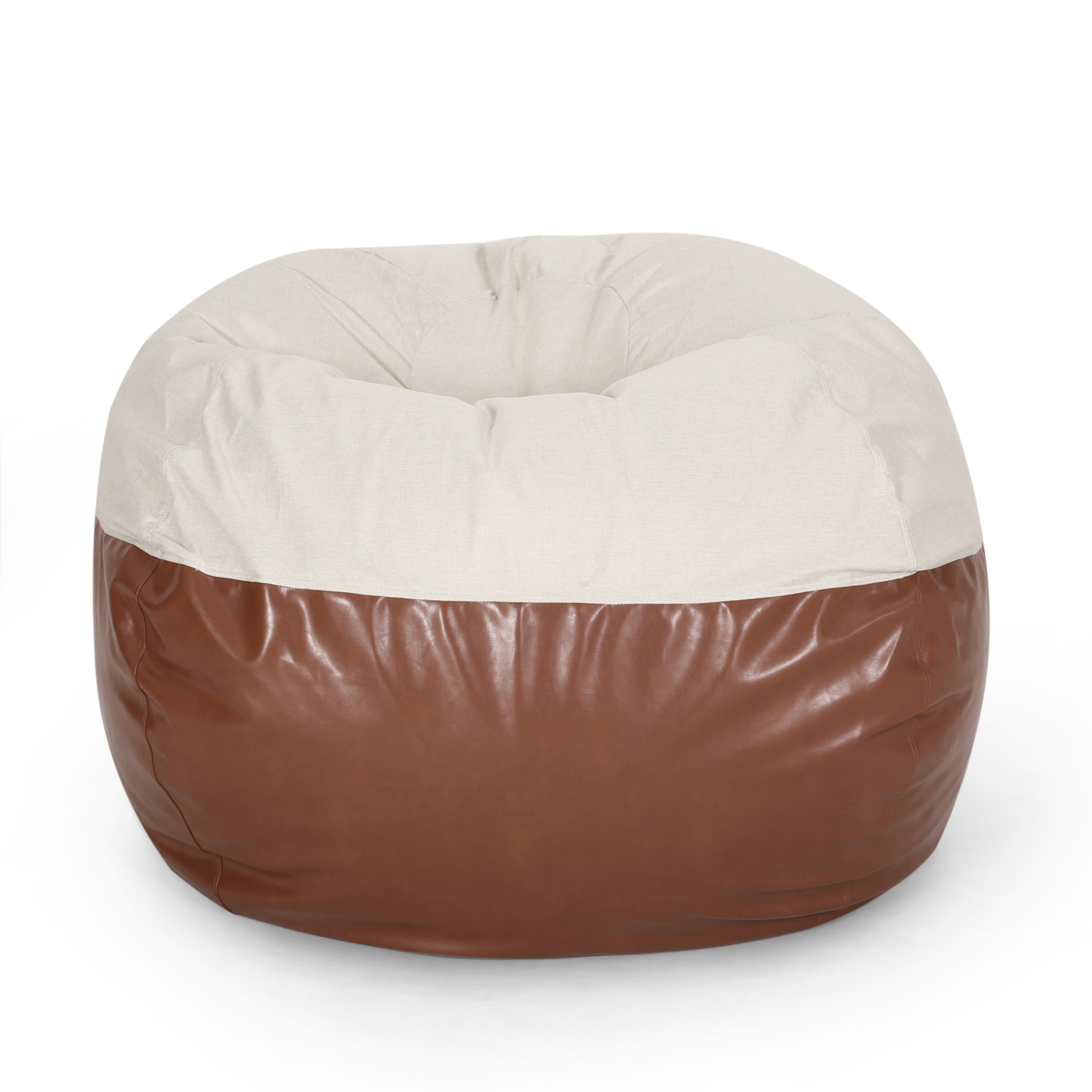 Maxi 5 Foot Two color Fabric and Faux Leather Rounded Bean Bag, Beige and Coffee Brown--1