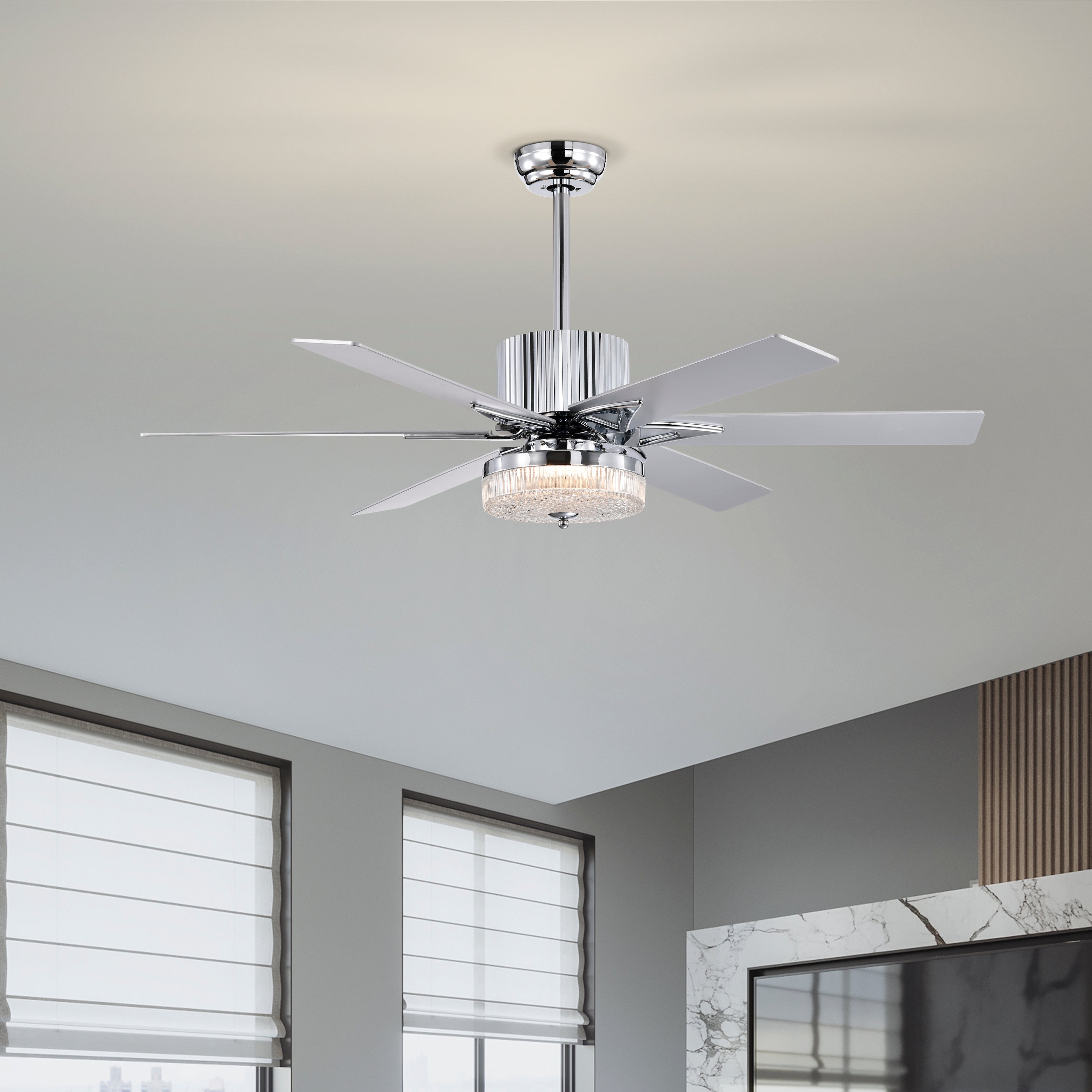 52'' Modern Ceiling Fans with Remote,Wood Ceiling Fan with Lights,LED Ceiling Fan Light with 6 Blade,3 Speed AC Motor Indoor Ceiling Fan for Patio,Living Room,Bedroom--Chrome--1