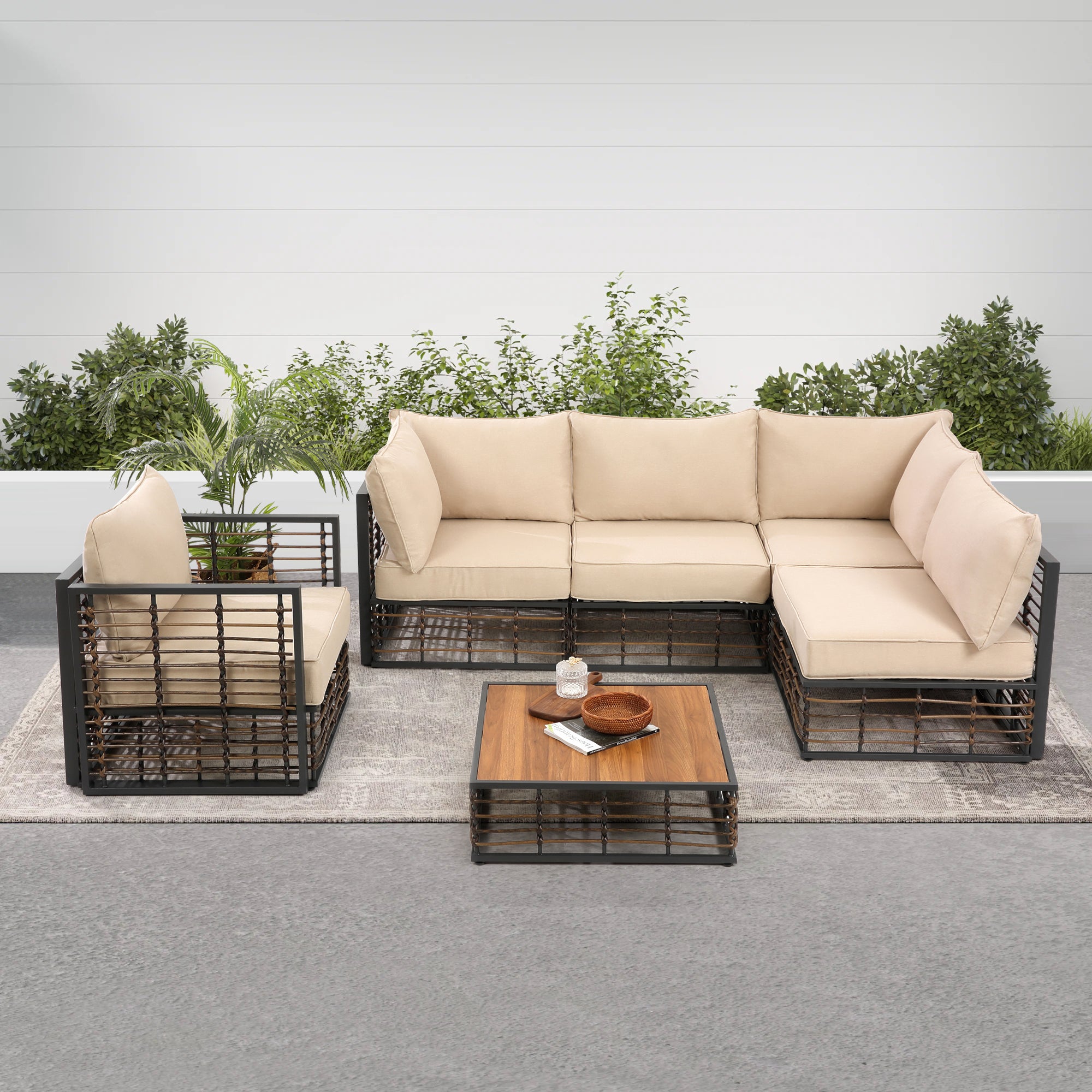 Grand patio 6-Piece Wicker Patio Furniture Set, All-Weather Outdoor Conversation Set Sectional Sofa with Water Resistant Beige Thick Cushions and Coffee Table--1