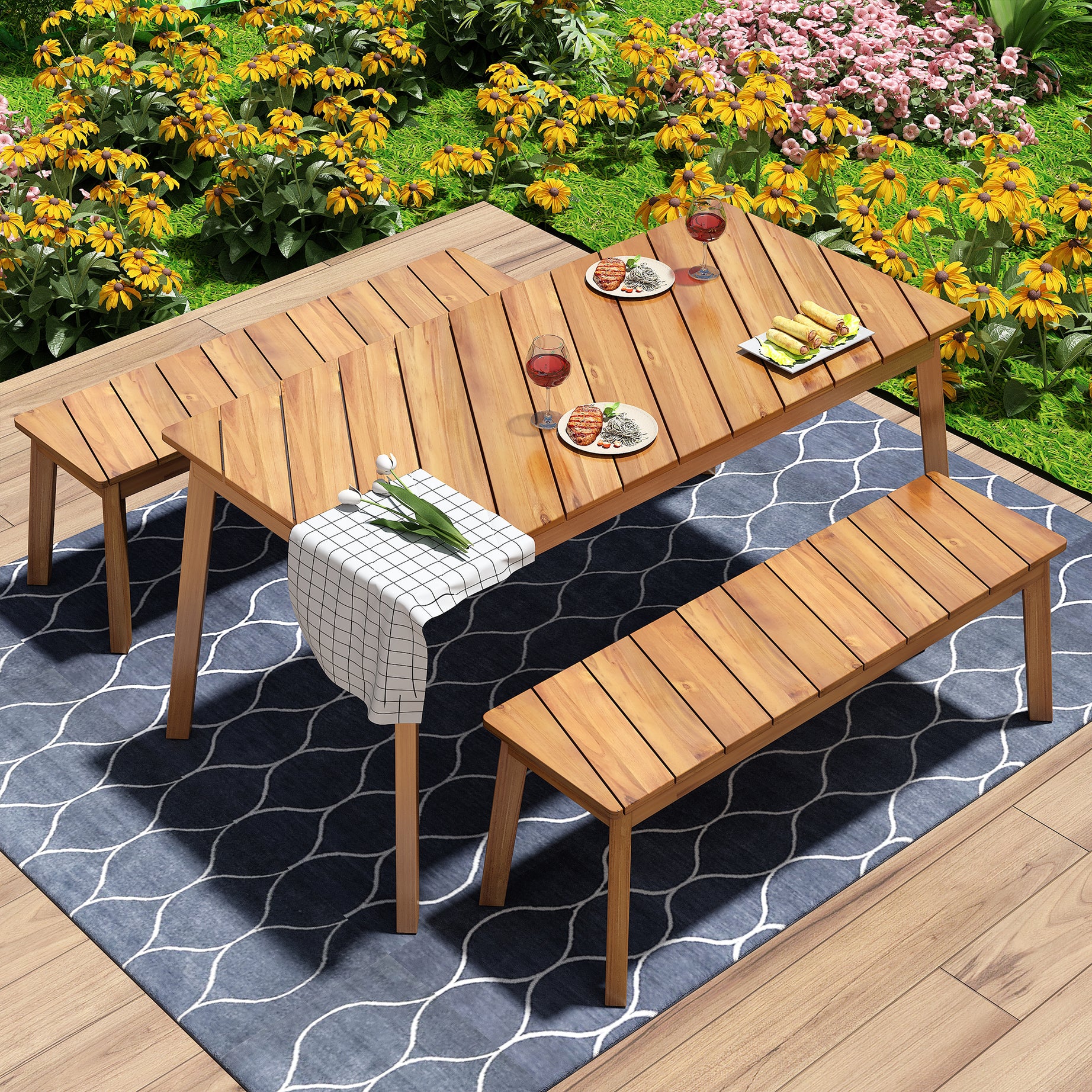 GO 3 Pieces Acacia Wood Table Bench Dining Set For Outdoor & Indoor Furniture With 2 Benches, Picnic Beer Table for Patio, Porch, Garden, Poolside, Natural--1