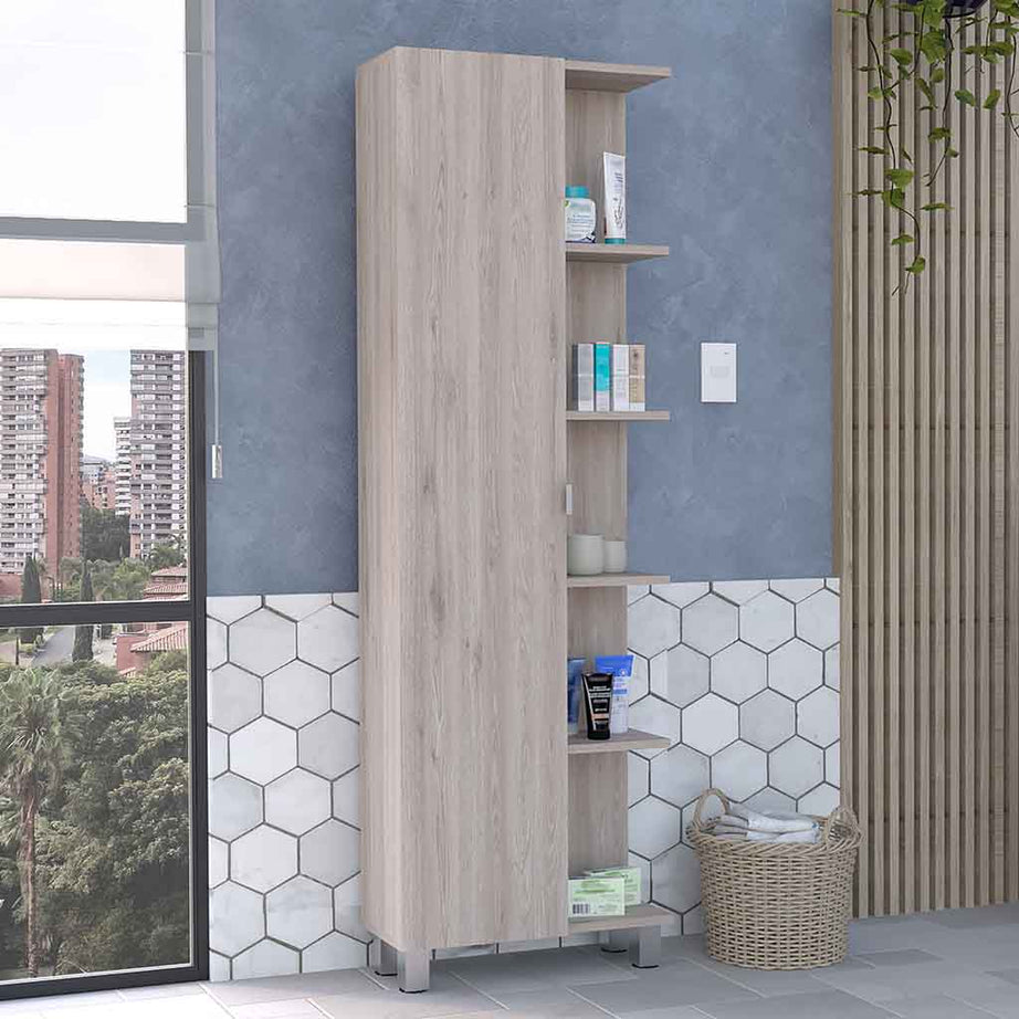 62H" Linen Single Door Cabinet, Five External Shelves, Four Interior Shelves, Light Gray--1