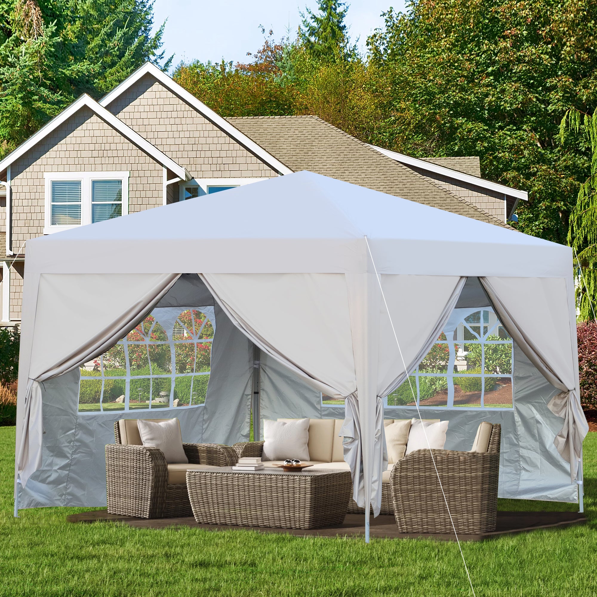 Outdoor 10x 10Ft Pop Up Gazebo Canopy Tent Removable Sidewall with Zipper,2pcs Sidewall with Windows,with 4pcs Weight sand bag,with Carry Bag-Beige--1