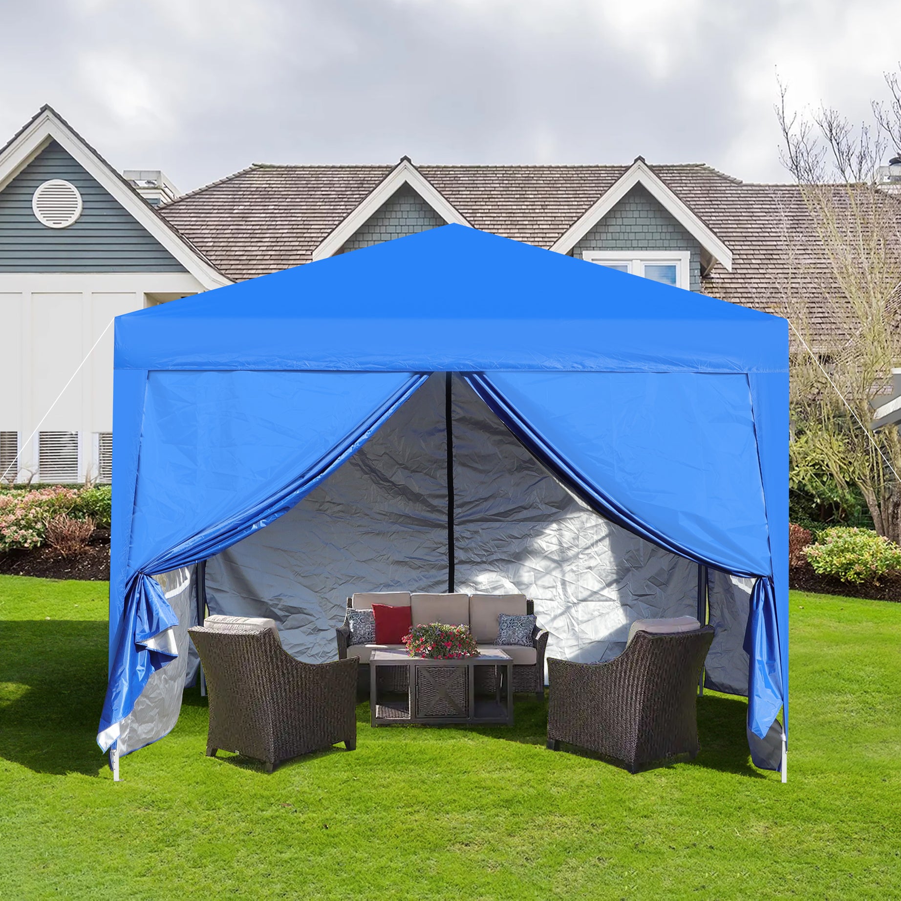 Outdoor 10x 10Ft Pop Up Gazebo Canopy  Tent Removable Sidewall with Zipper,2pcs Sidewall with Windows,with 4pcs Weight sand bag,with Carry Bag-Blue--1