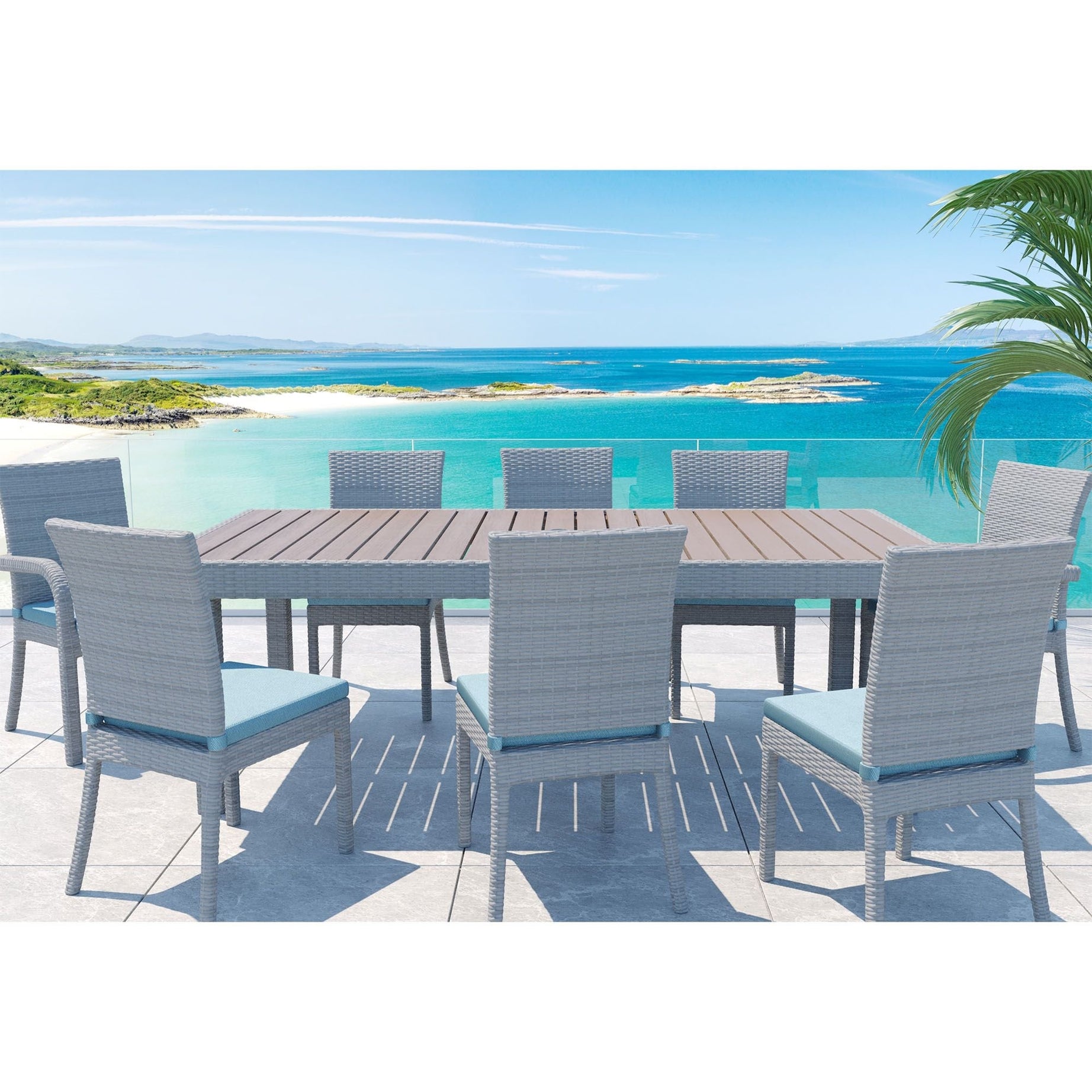 Balcones 9-Piece Outdoor Dining Table Set With 8-Dining Chairs, Gray/Aqua--1