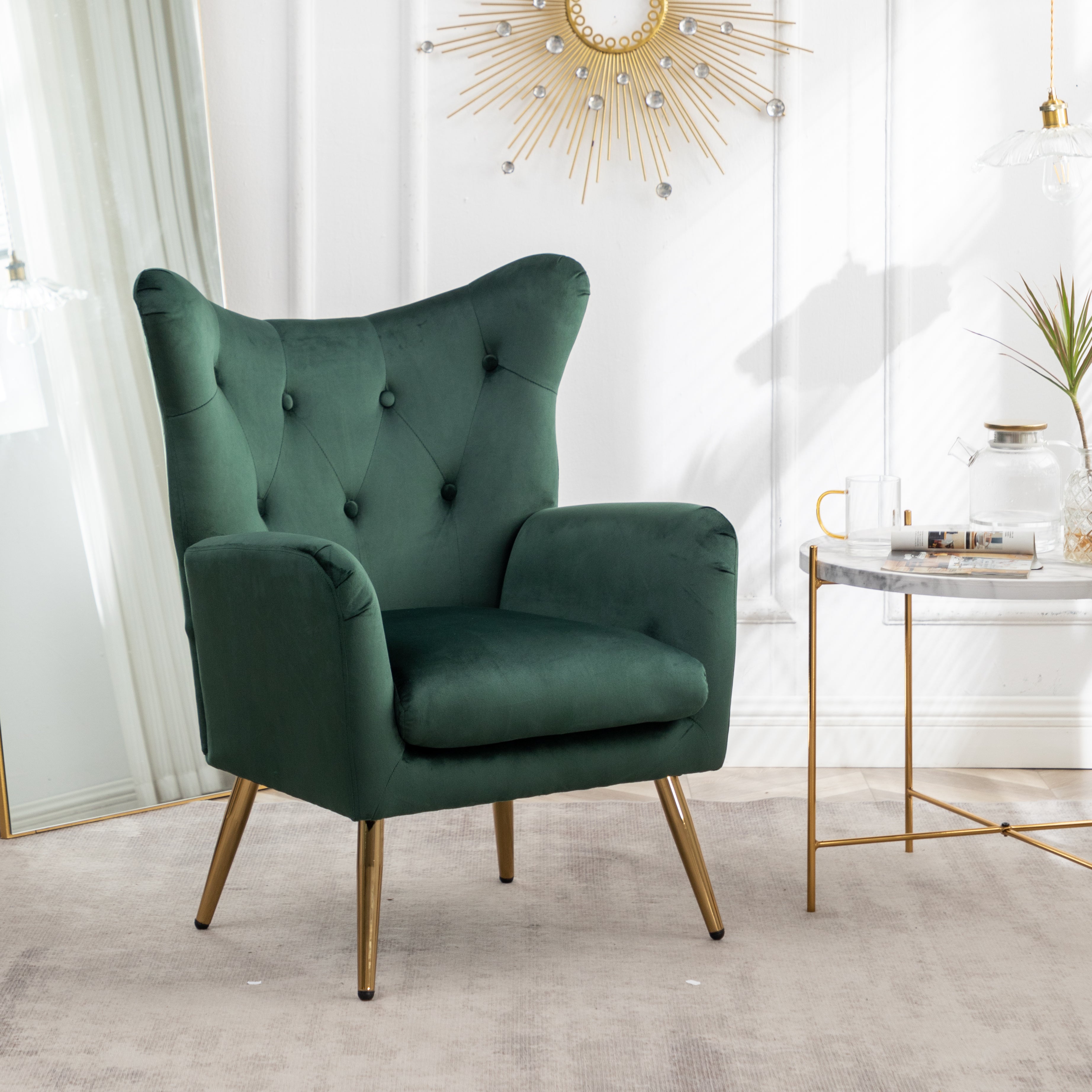 Sovarol Velvet Button-Tufted Wing Back Accent Chair, Green--1