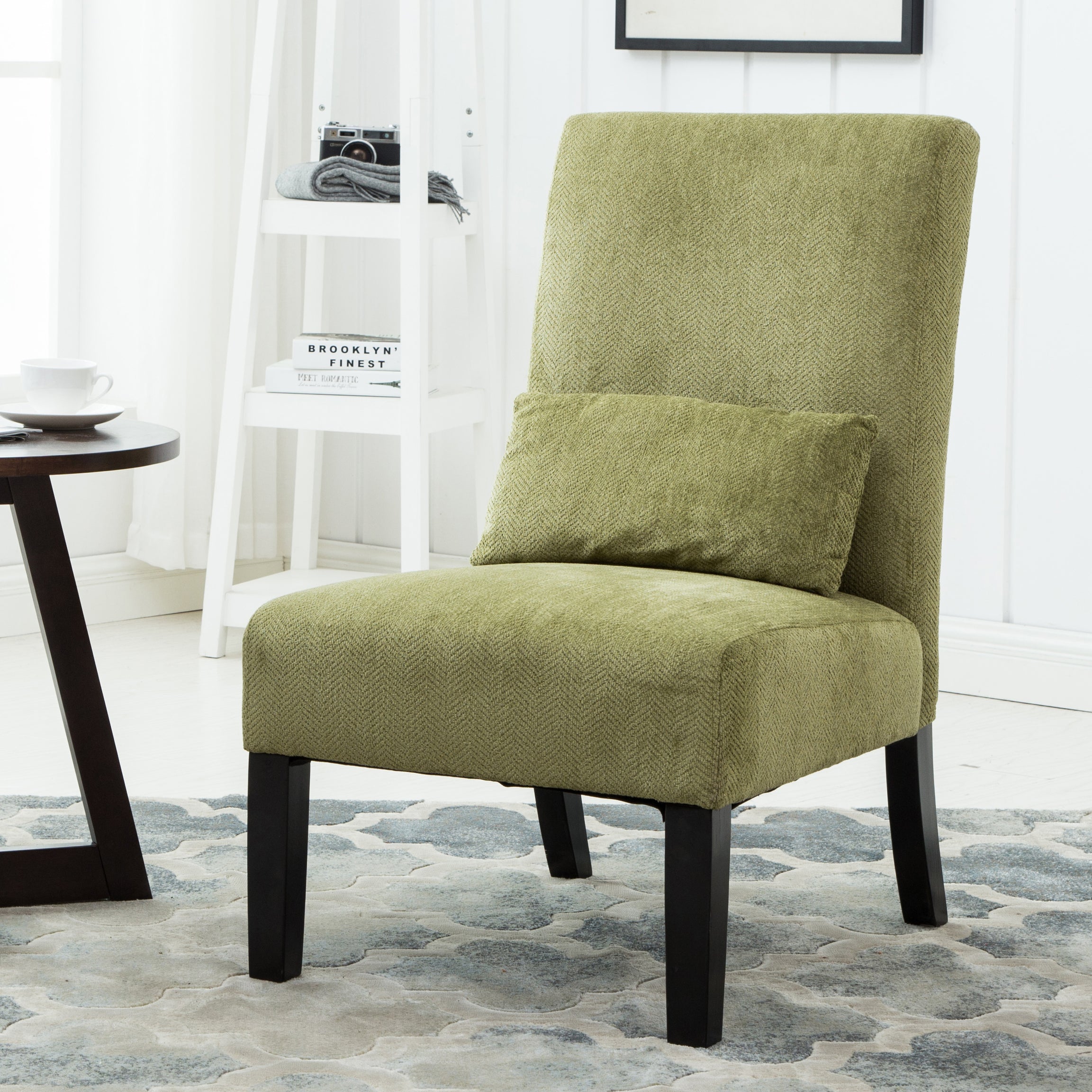 Pisano Contemporary Chenille Fabric Armless Accent Chair with Pillow, Green--1