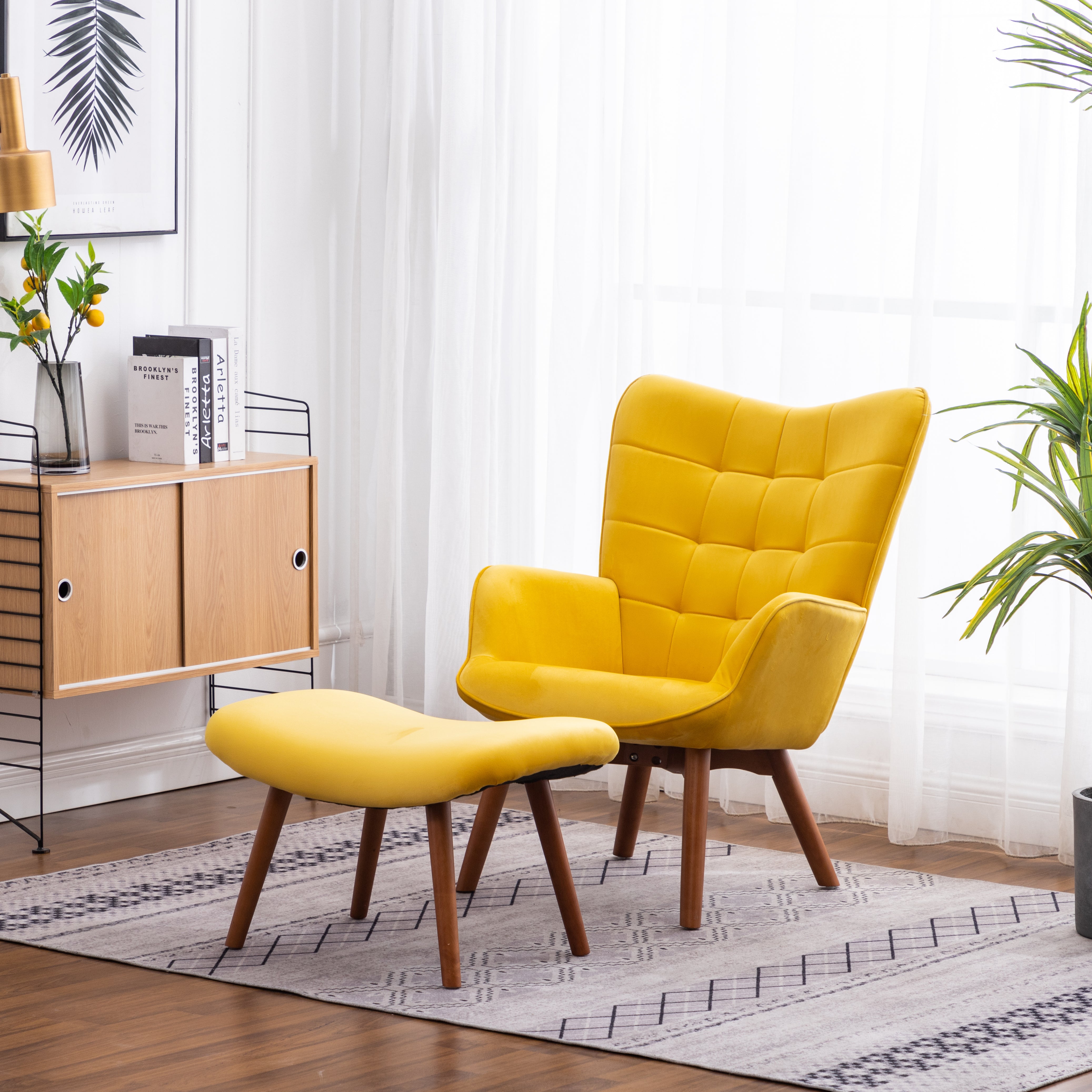 Leiria Contemporary Silky Velvet Tufted Accent Chair with Ottoman, Yellow--1