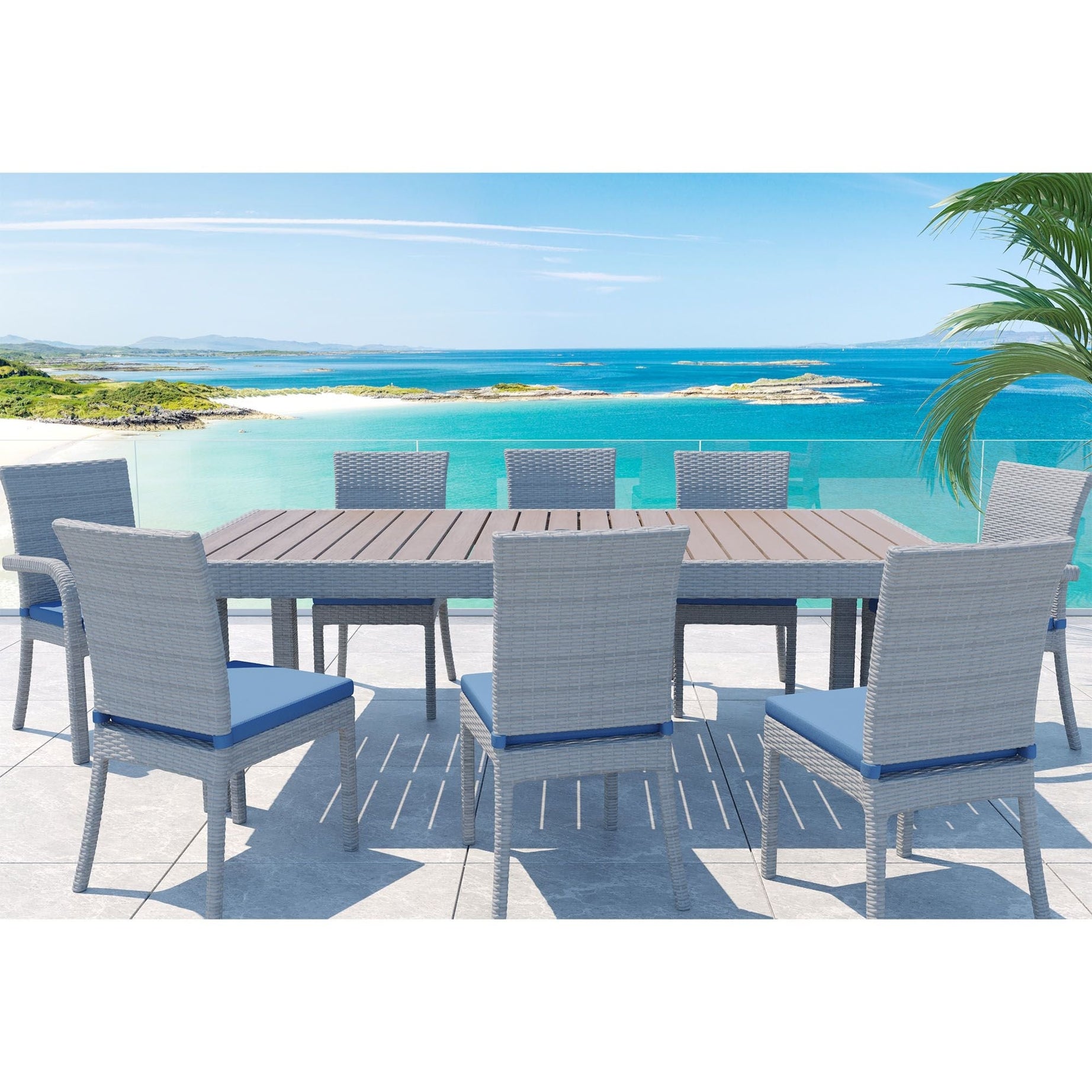 Balcones 9-Piece Outdoor Dining Table Set With 8-Dining Chairs, Gray/Navy--1