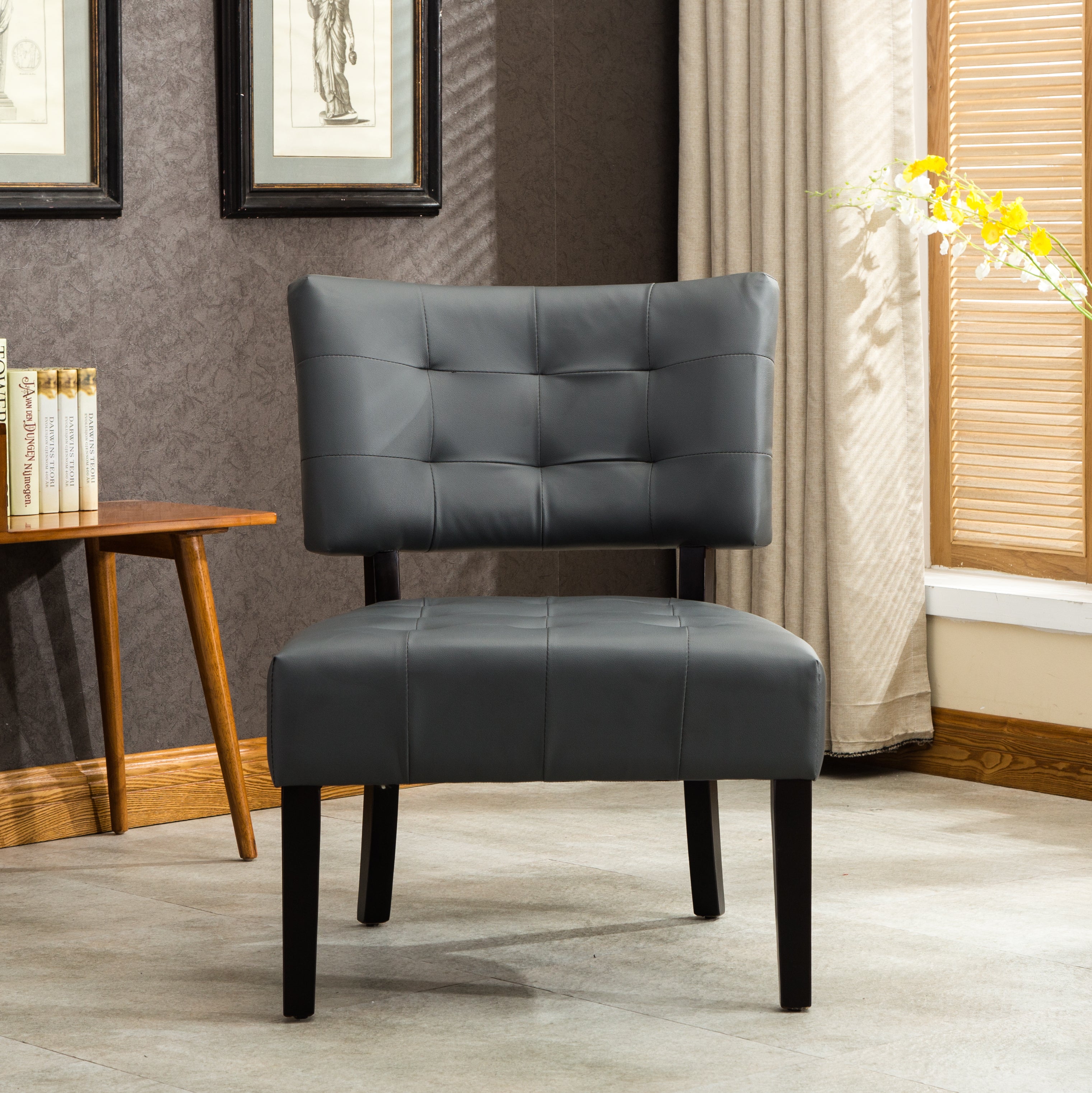 Blended Leather Tufted Accent Chair with Oversized Seating, Gray--1