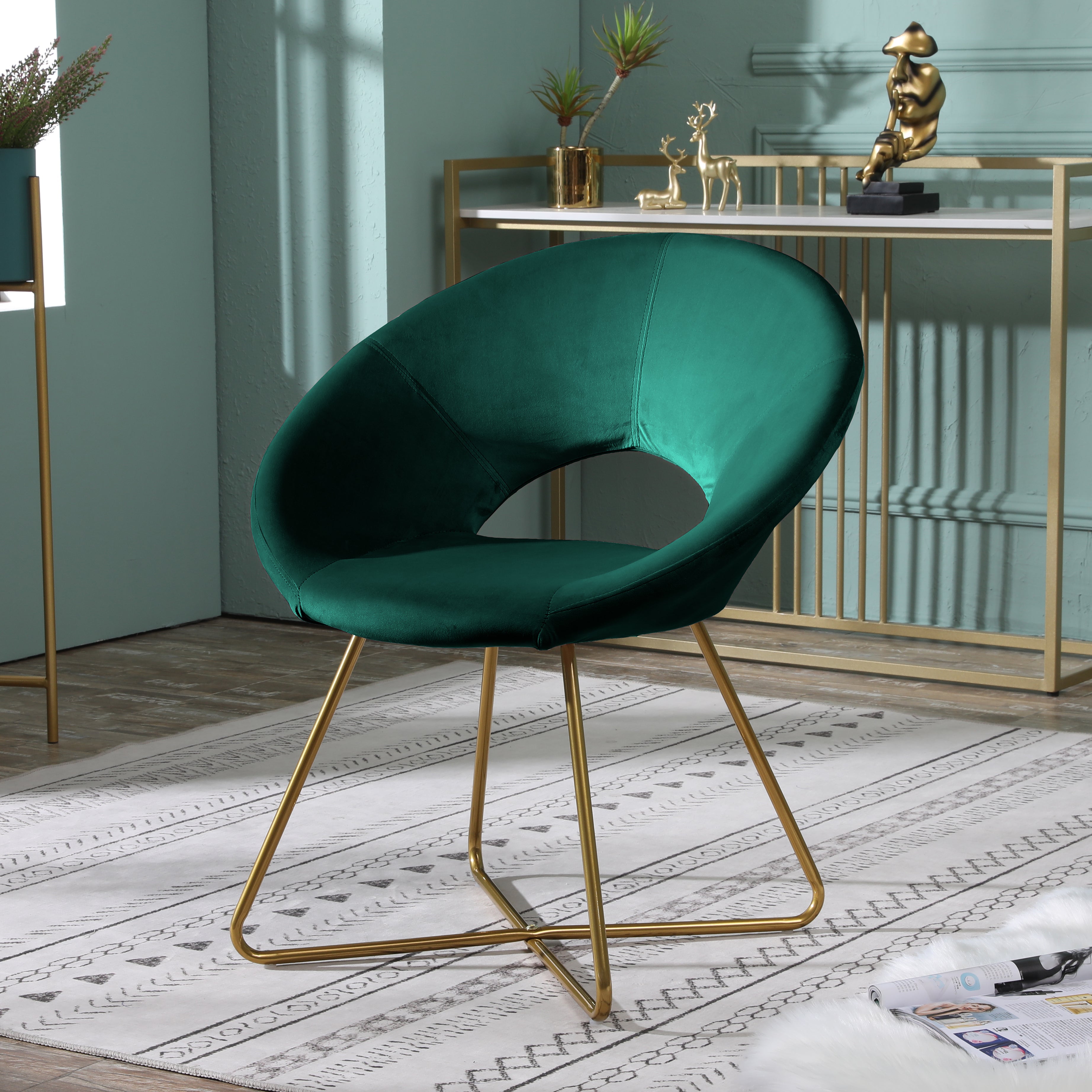 Slatina Green Silky Velvet Upholstered Accent Chair with Gold Tone Finished Base--1