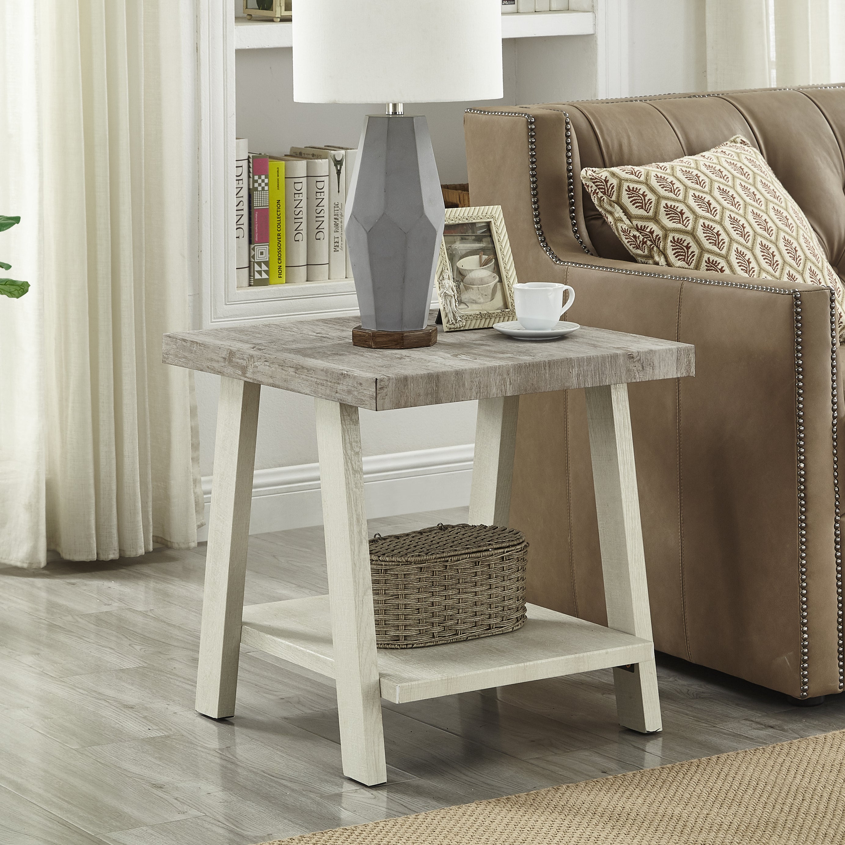 Athens Contemporary Two-Tone Wood Shelf End Table in Weathered Gray and Beige--1