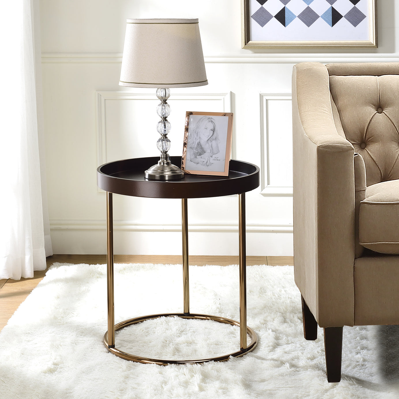 Genoa Round Tray Table with Metal Frame, Espresso--1