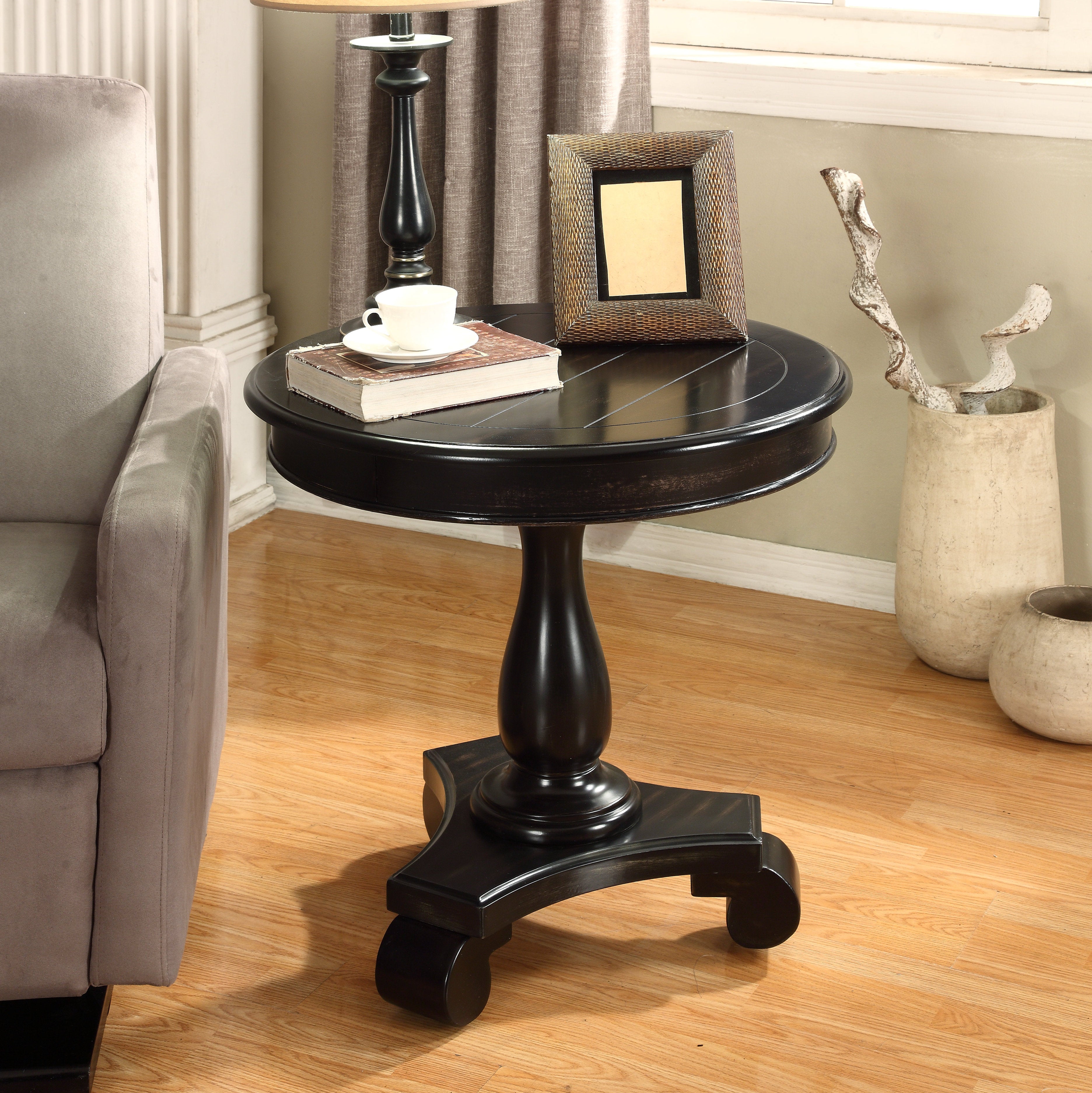 Rene Round Wood Pedestal Side Table, Black--1