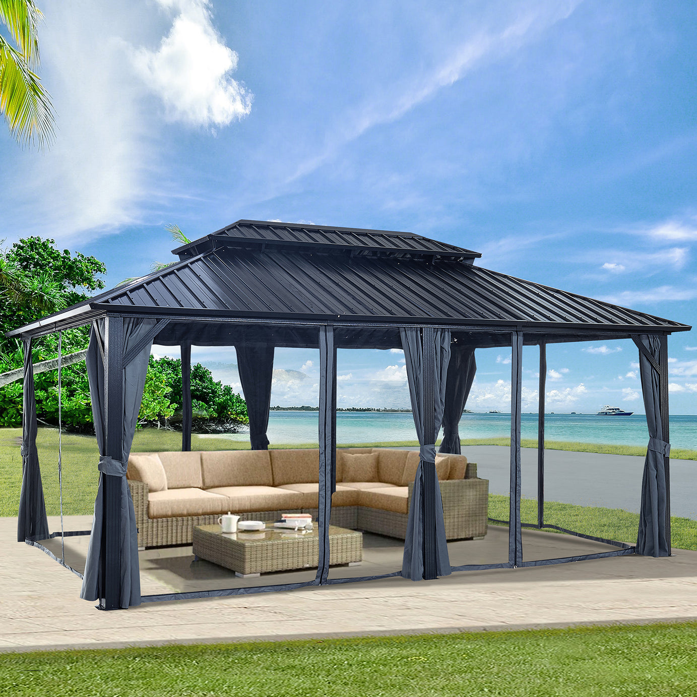 12x18ft Hardtop Gazebo with Nettings and Curtains, Heavy Duty Double Roof Galvanized Steel Outdoor Combined of Vertical Stripes Roof for Patio, Backyard--1