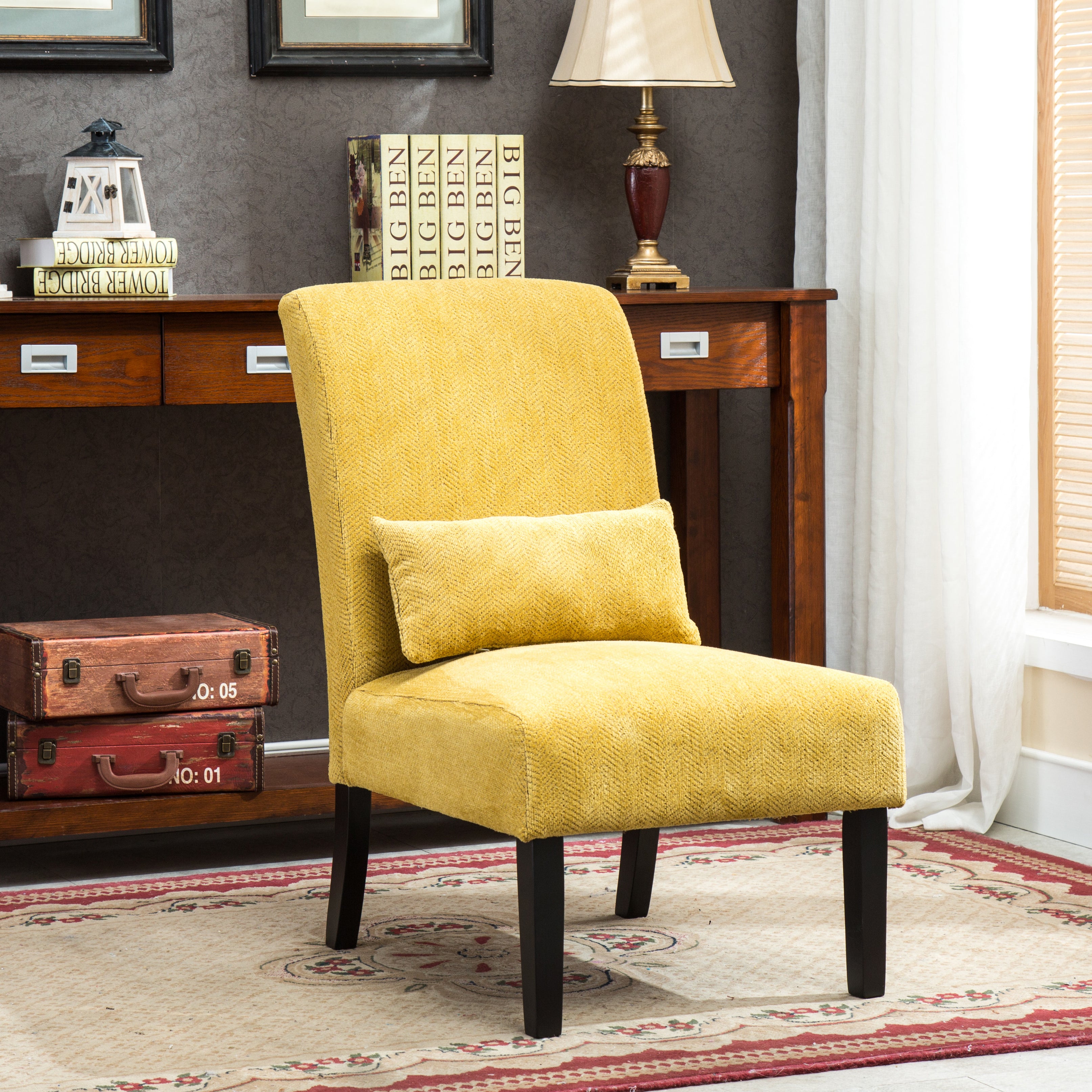 Pisano Contemporary Chenille Fabric Armless Accent Chair with Pillow, Yellow--1