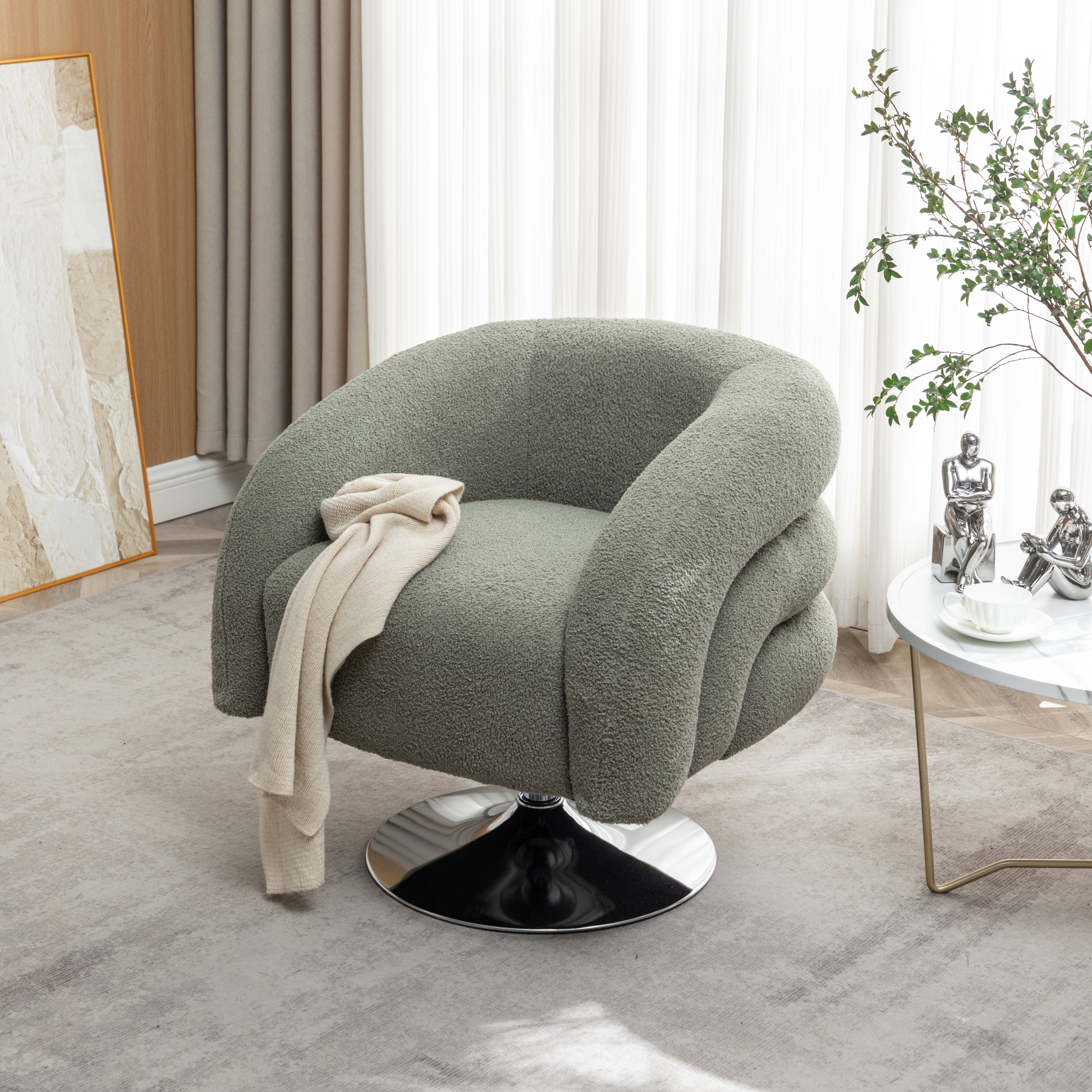 Modern style  emerald single swivel sofa chair, Teddy upholstered single sofa with round and fluffy reading chair, suitable for living room, bedroom, corner.
​--1