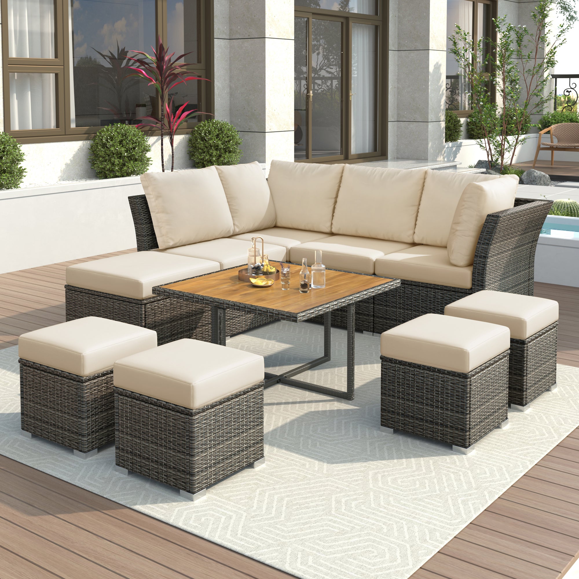 U_STYLE Patio Furniture Set, 10 Piece Outdoor Conversation Set, CoffeeTable with Ottomans, Solid wood coffee table--1