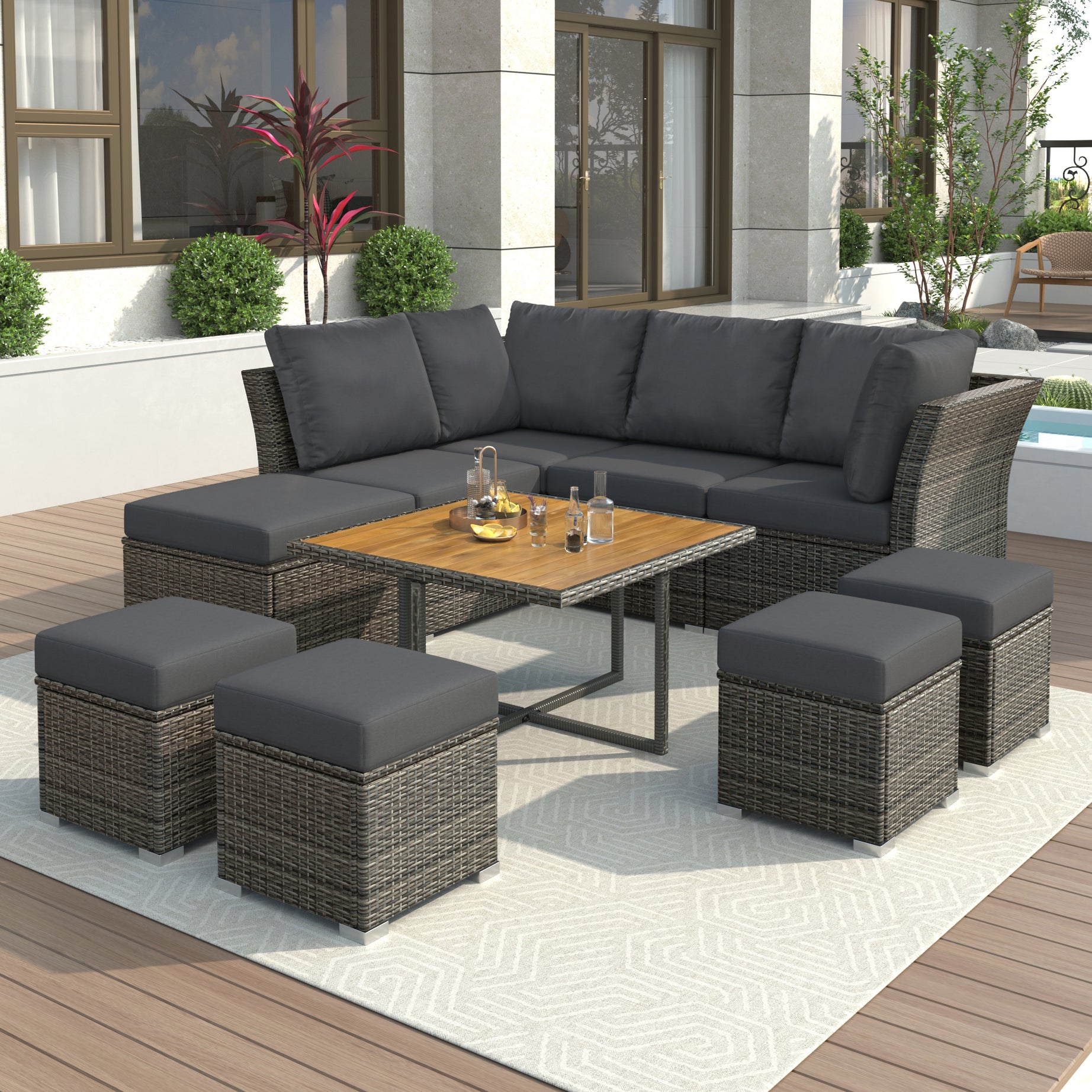 U_STYLE Patio Furniture Set, 10 Piece Outdoor Conversation Set, CoffeeTable with Ottomans, Solid wood coffee table--1