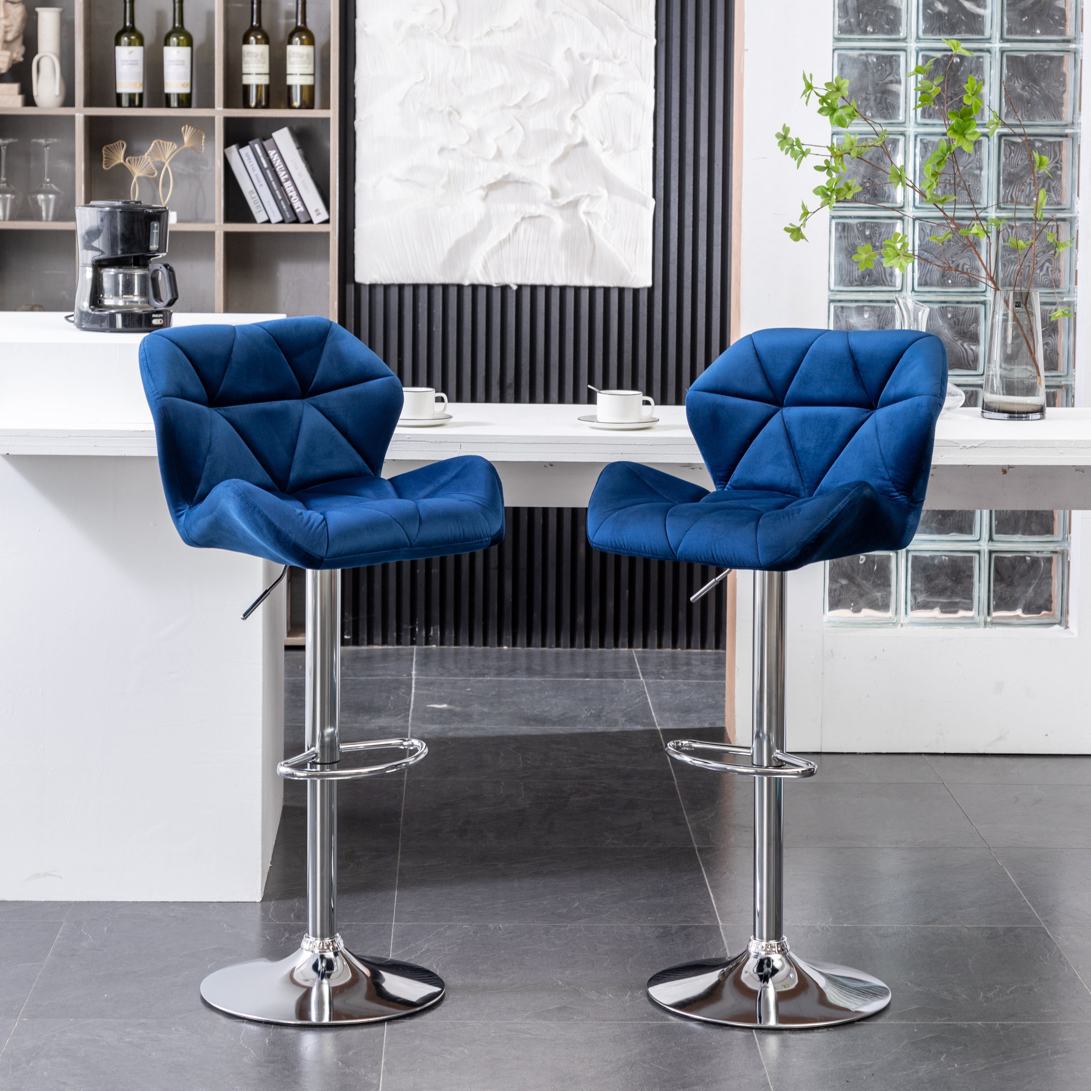 Breni Velvet Diamond Tufted Swivel Adjustable Height Barstool, Set of 2, Blue--1