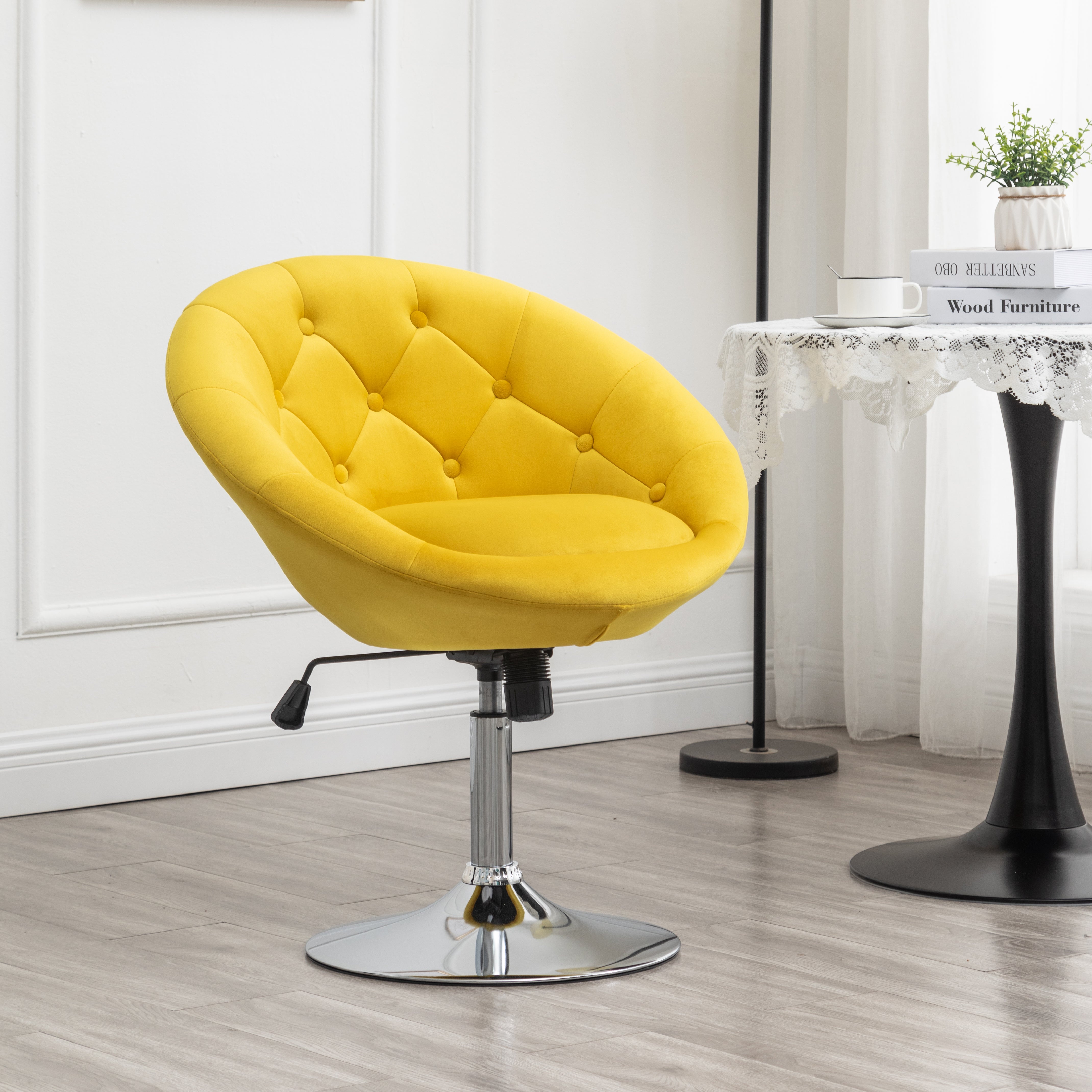 Noas Velvet Upholstered Tufted Back Swivel Accent Chair, Yellow--1