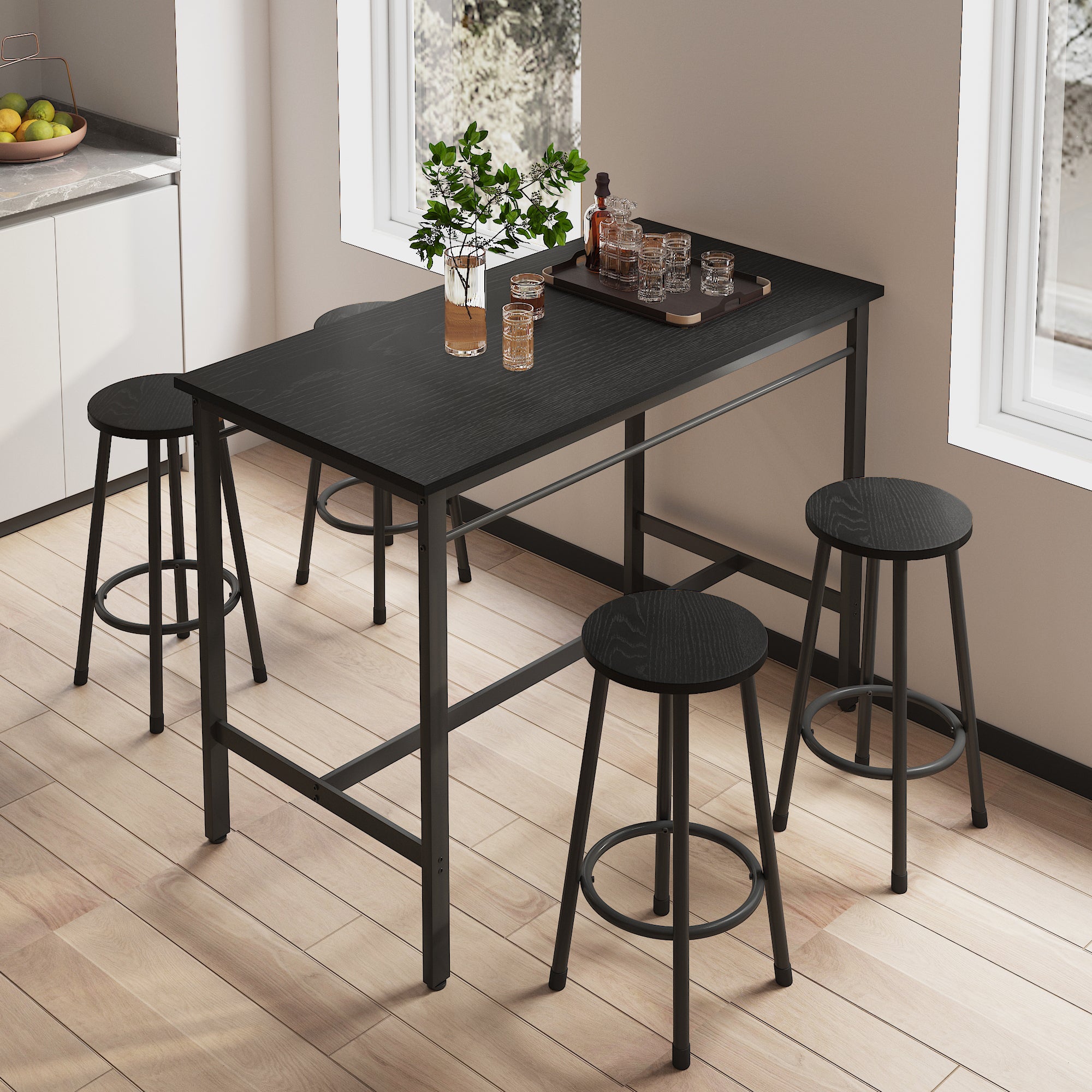 5-piece rural kitchen table with four bar stools, metal frame and MDF, black--1