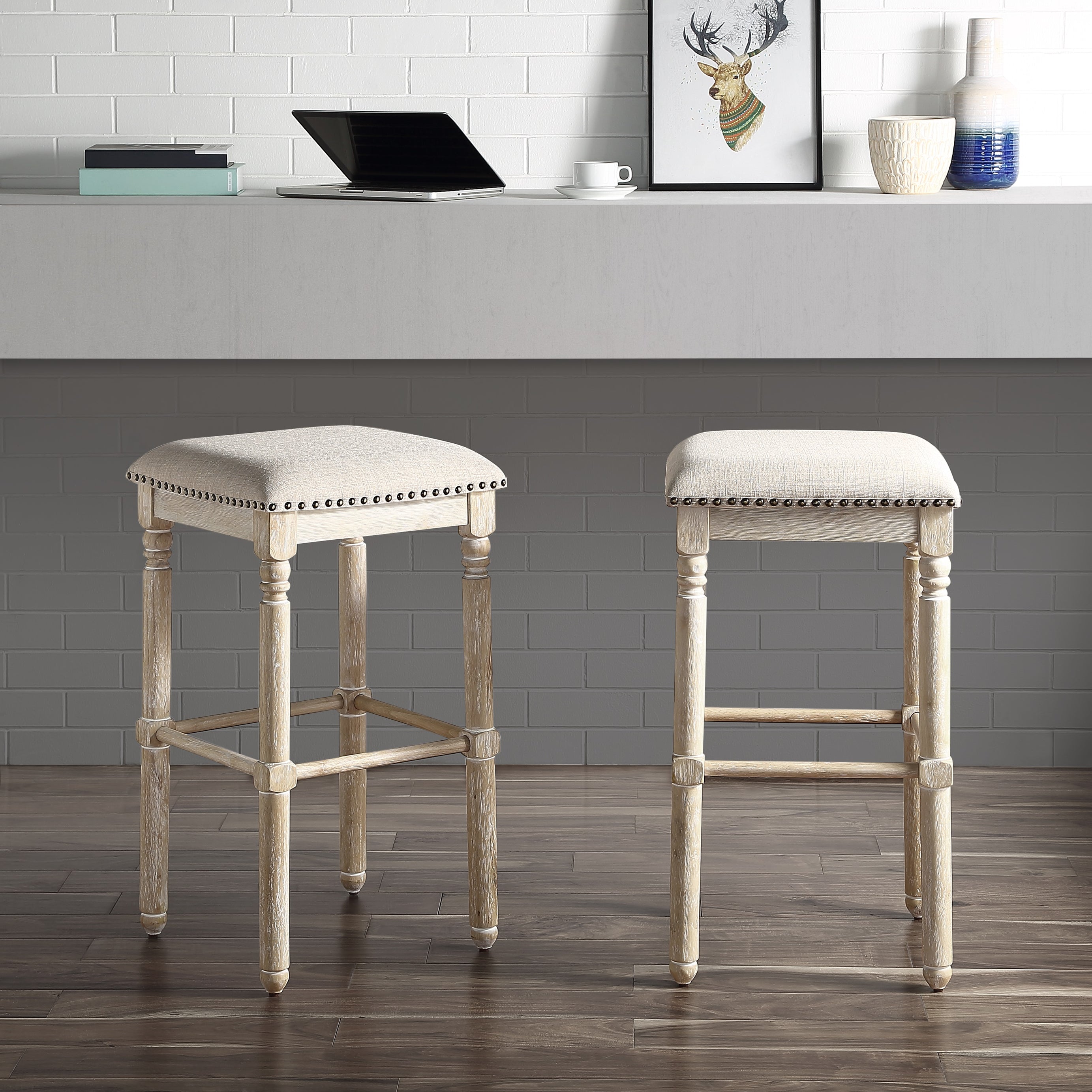 Arnhem Wood Upholstered Bar Stools, Set of 2, Tan--1