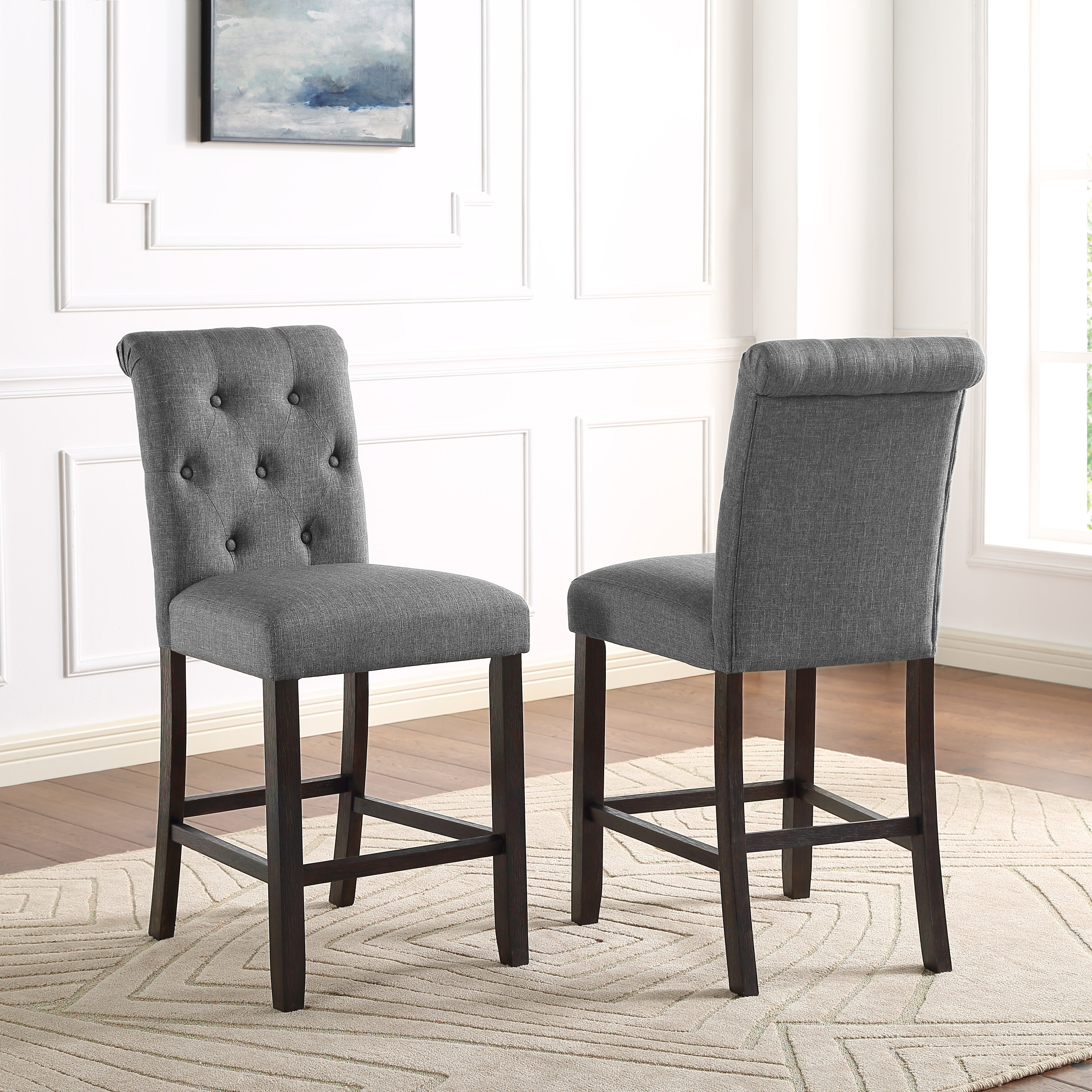 Leviton Solid Wood Tufted Asons Counter Height Stool, Set of 2, Grey--1