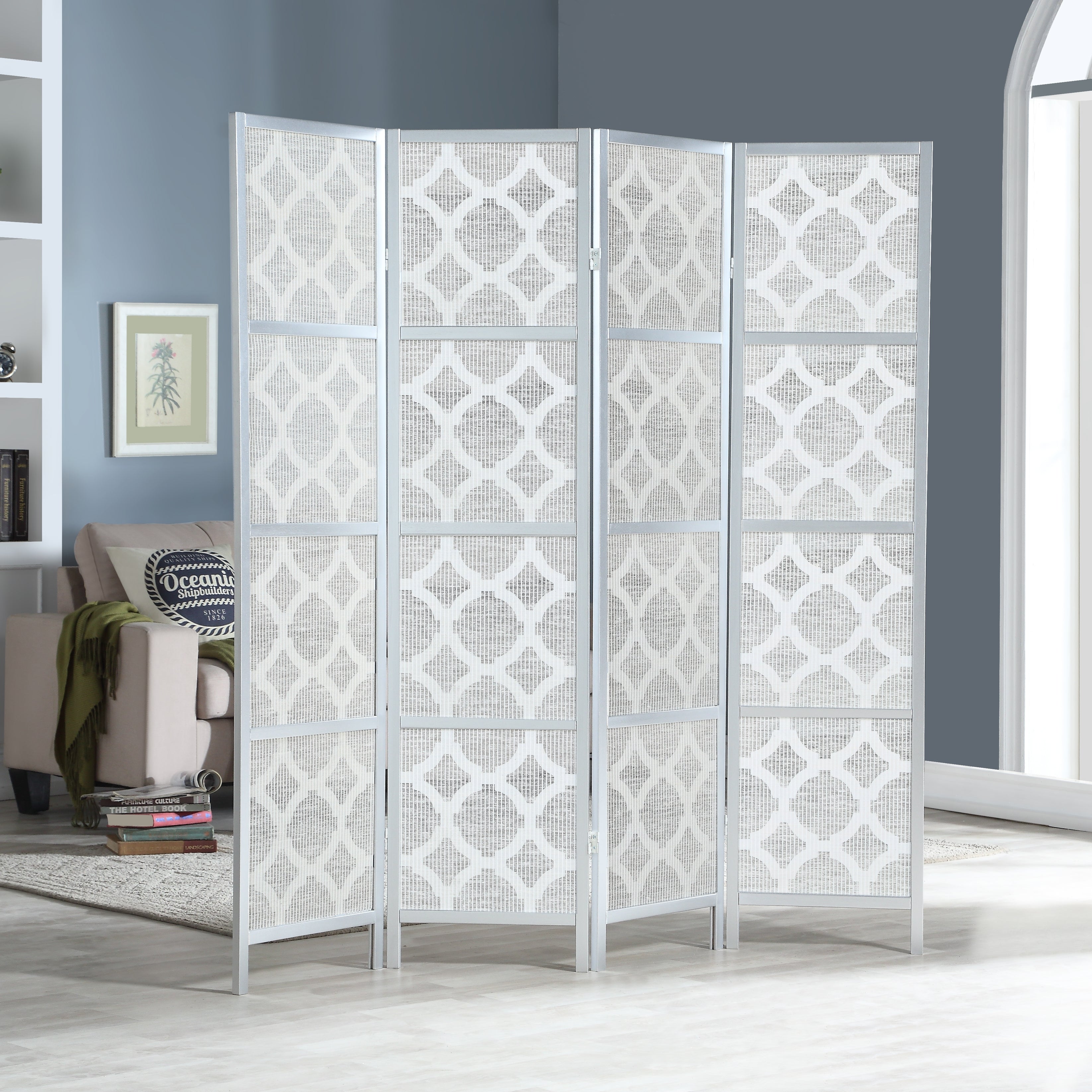 Quarterfoil infused Diamond Design 4-Panel Room Divider, Silver--1