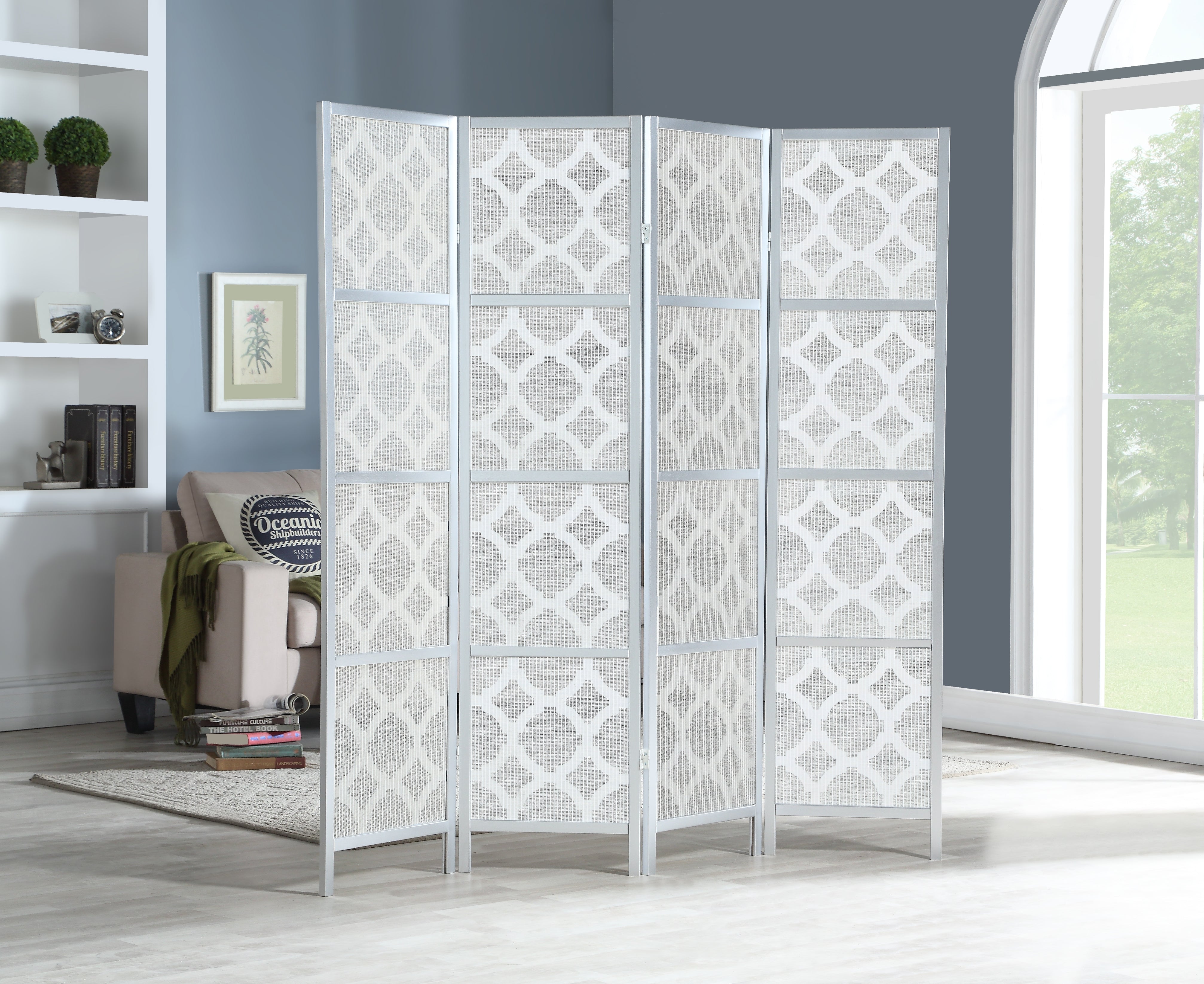 Quarterfoil infused Diamond Design 4-Panel Room Divider, Silver--1