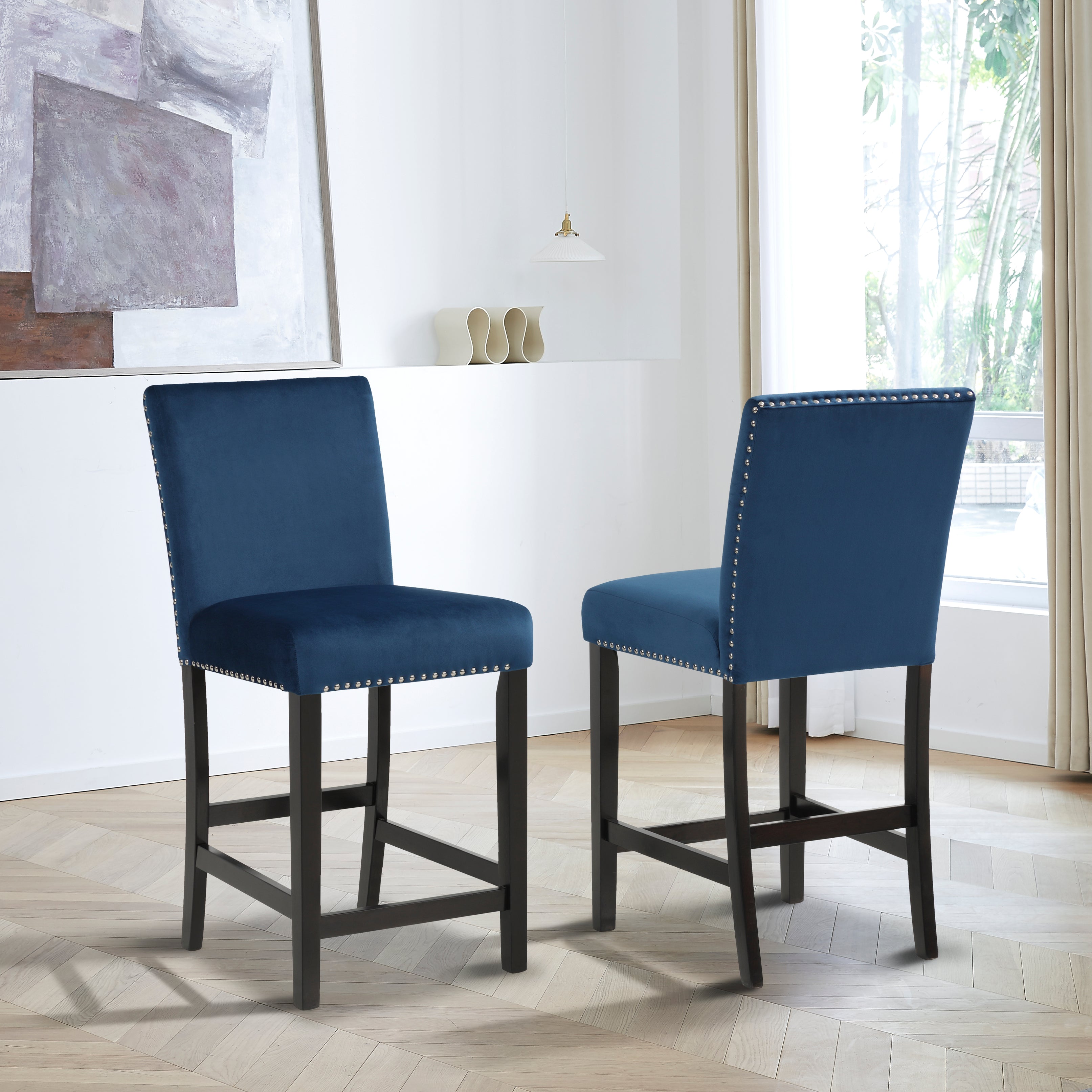 Cobre Contemporary Velvet Counter Stool with Nailhead Trim, Set of 2, Blue--1