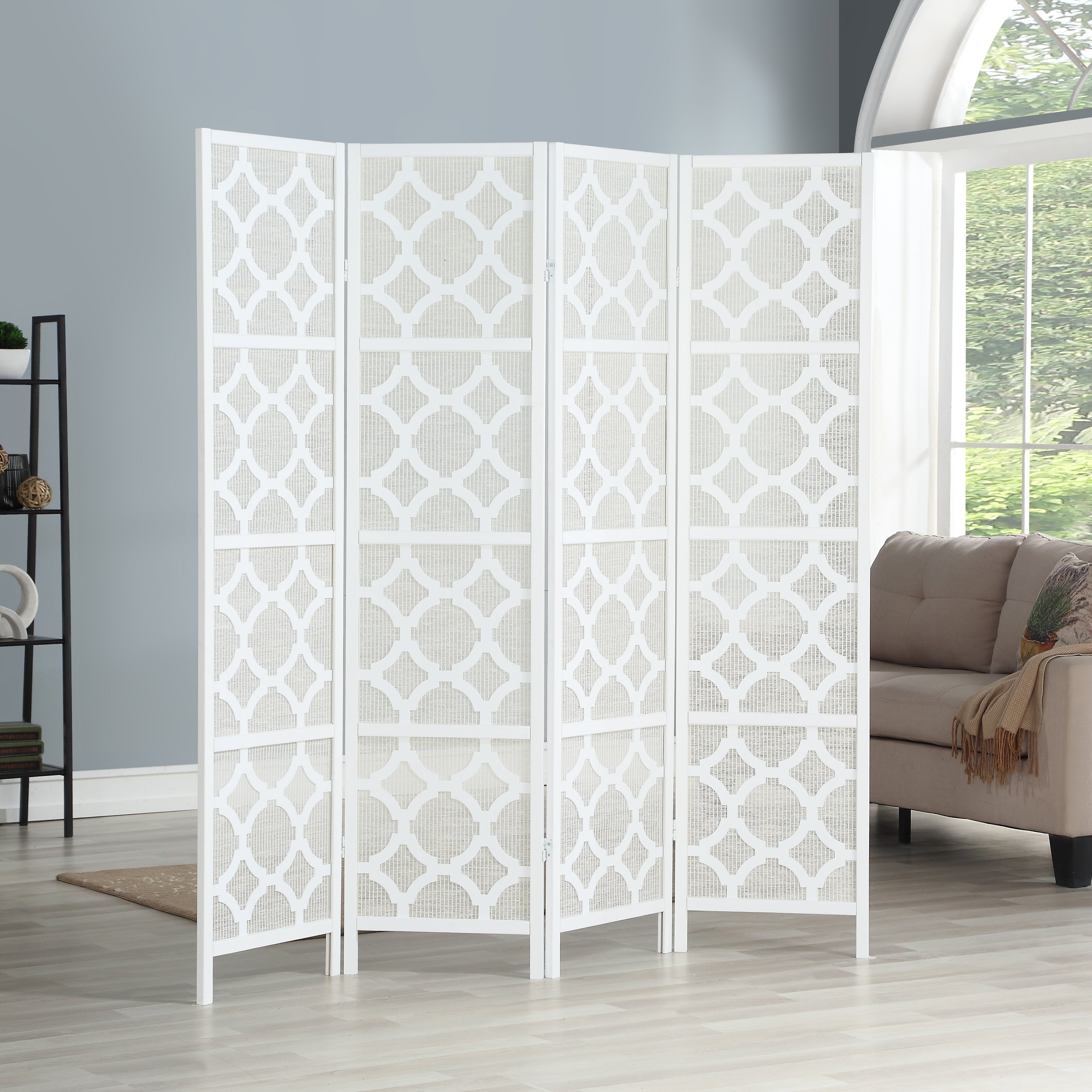 Quarterfoil infused Diamond Design 4-Panel Room Divider, White--1