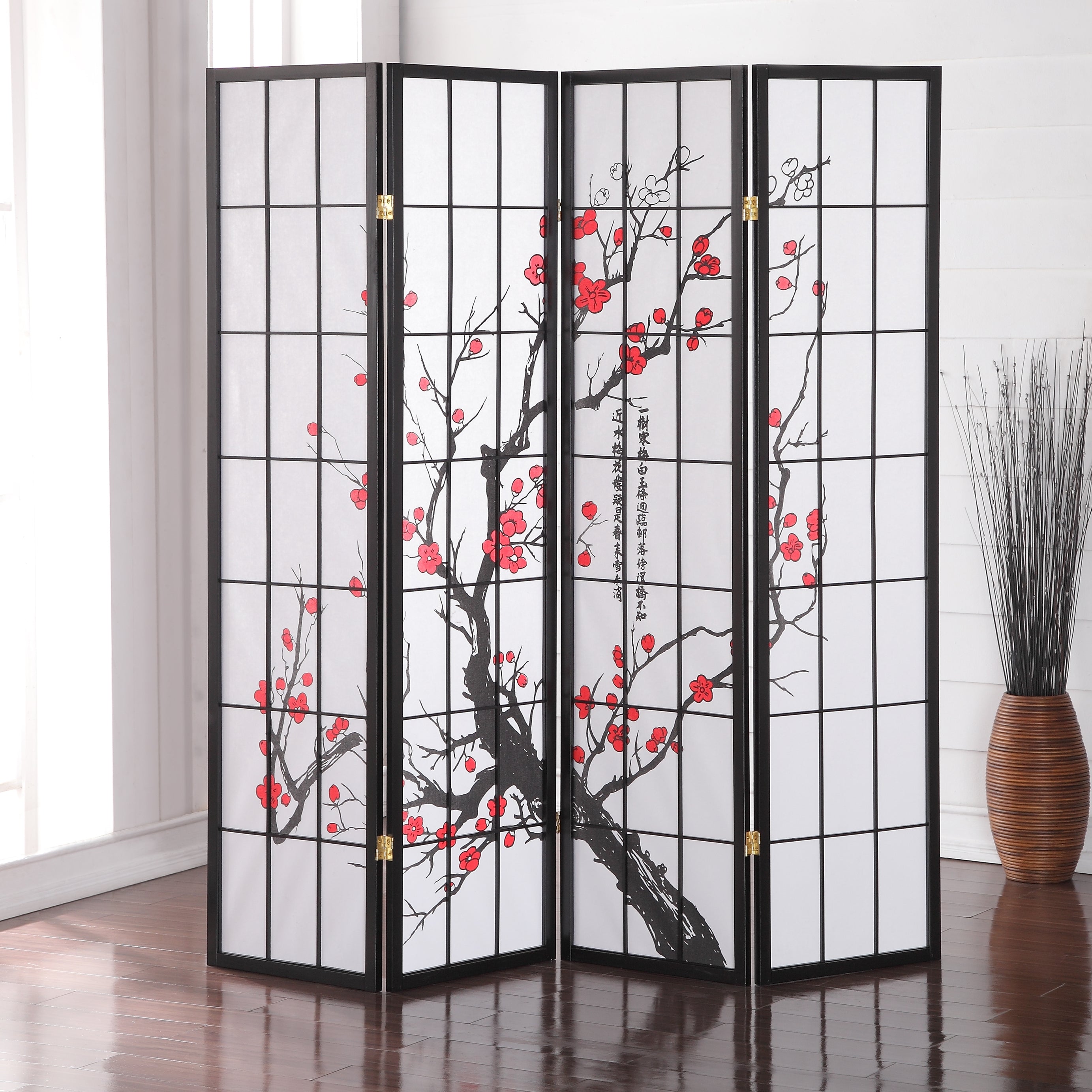 Black Japanese 4-Panel Screen Room Divider, Plum Blossom--1