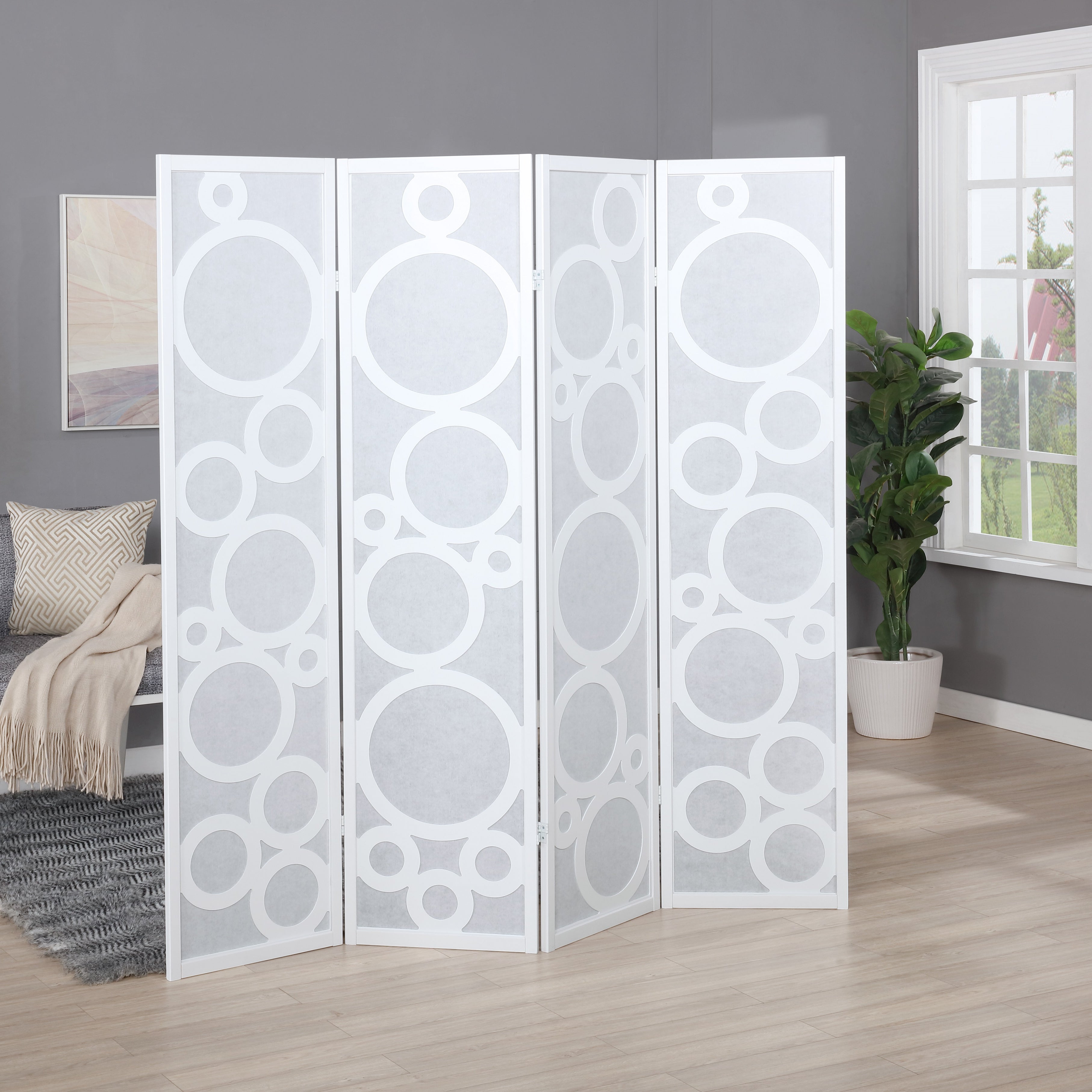 Arvada 4-Panel Wood Room Divider with Circle Pattern, White--1