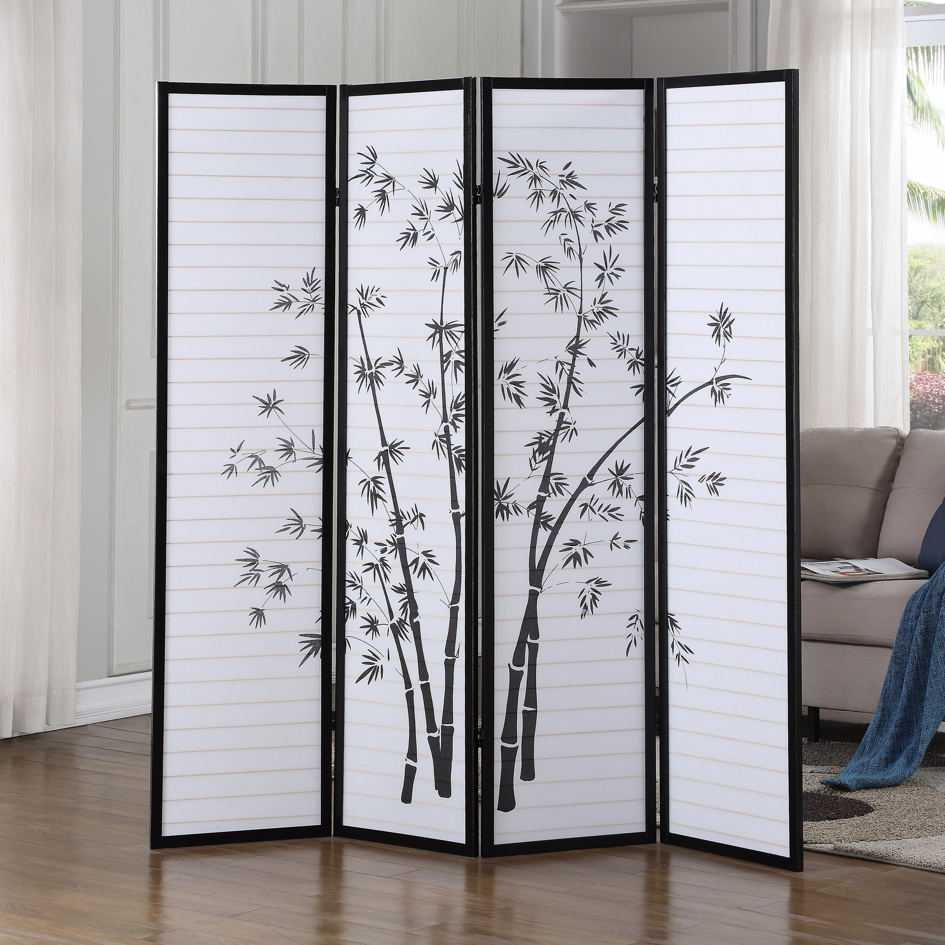 Bamboo Print 4-Panel Framed Room Screen/Divider, Black--1