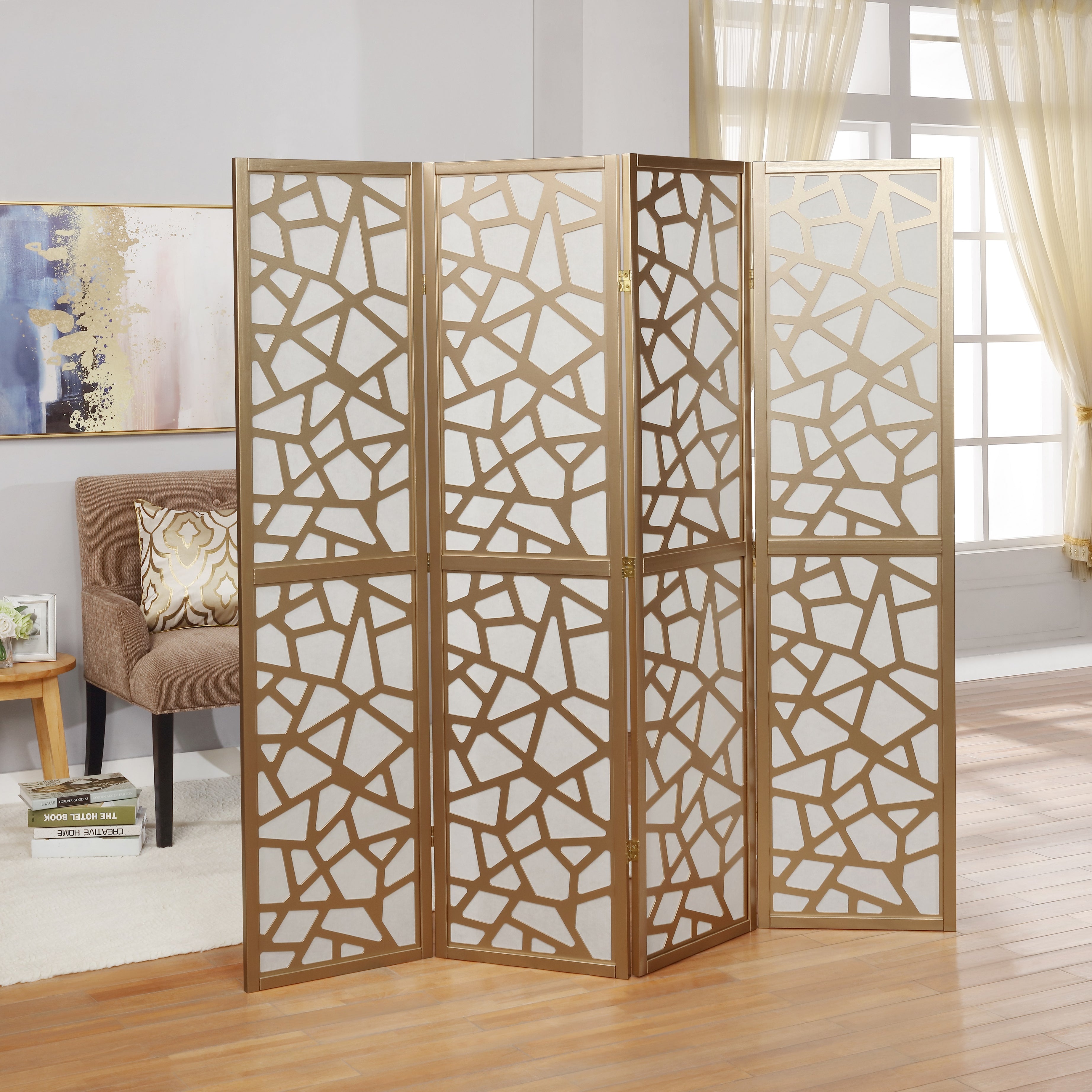 Giyano 4 Panel Screen Room Divider, Gold--1