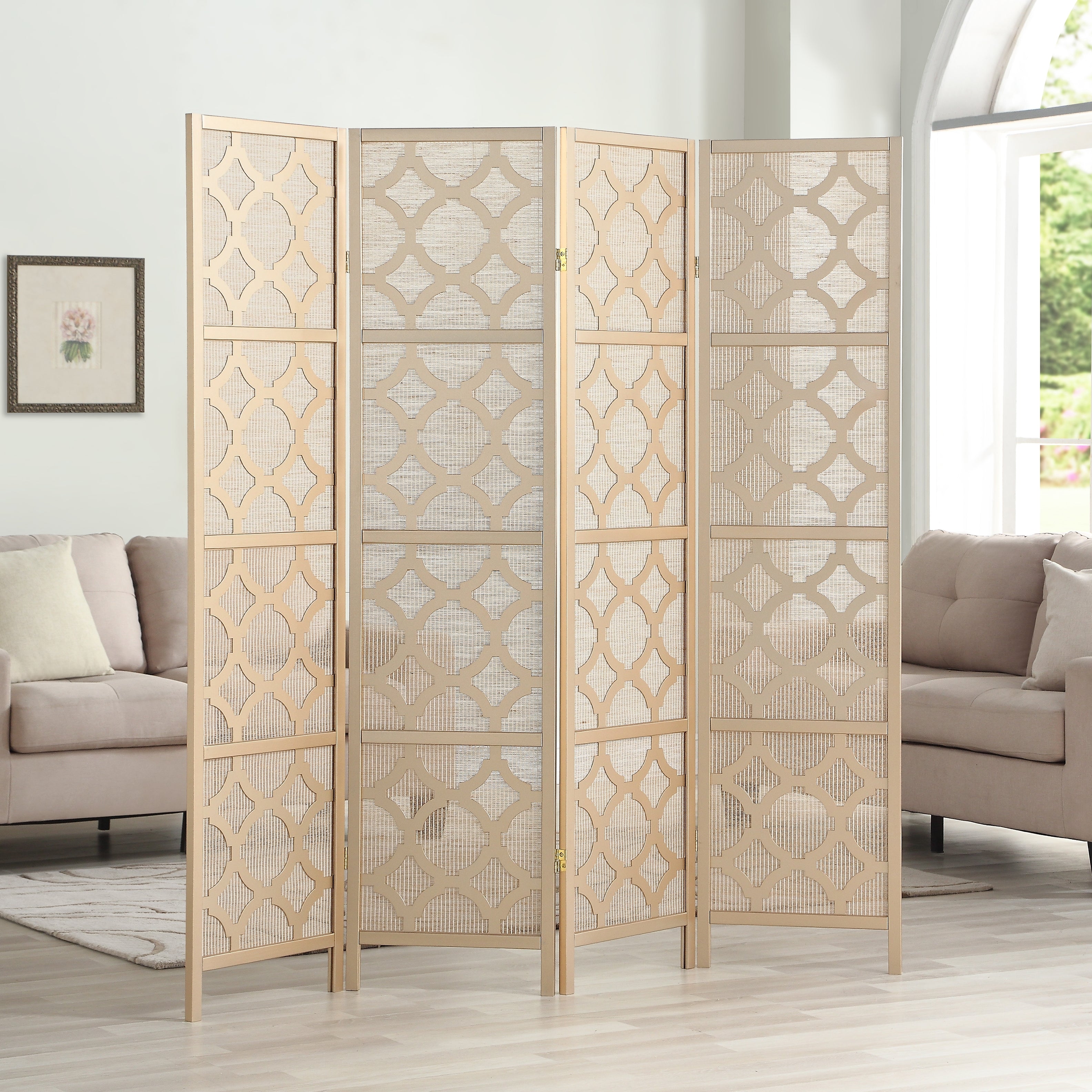 Quarterfoil infused Diamond Design 4-Panel Room Divider, Gold--1