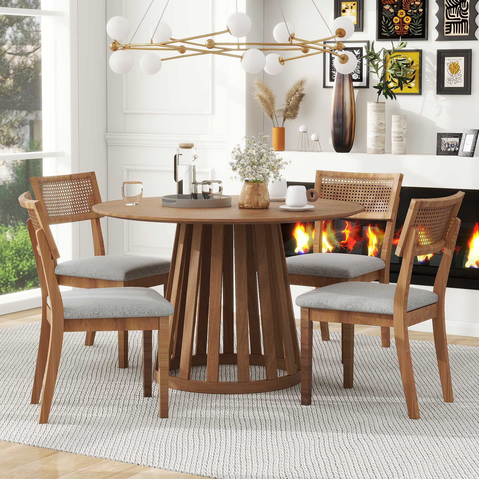 TREXM 5-Piece Retro Dining Set with 1 Round Dining Table and 4 Upholstered Chairs with Rattan Backrests for Dining Room and Kitchen (Light Brown)--1