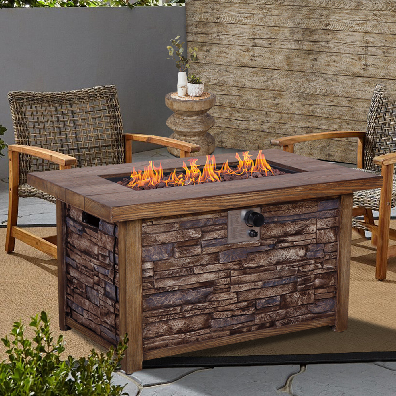 Best Choice Product 50,000 BTU Rectangle Fire Pit Table, Faux Woodgrain Top And Faux Stone Texture Base Propane Gas Fire Table For Outdoor--1