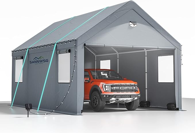 Sannwsg 10x20 Heavy Duty Carport Canopy - Extra Large Portable Car Tent Garage with Roll-up Windows and All-Season Tarp Cover,Metal Roof &Side Walls for Car, SUV,Boats&Truck Shelter Logic Storage--1