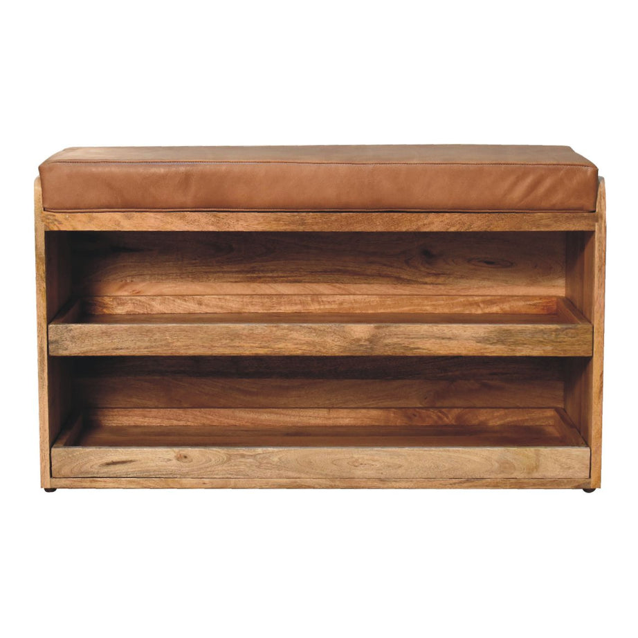 Buffalo Hide Pull out Oak-ish Shoe Storage Bench--1