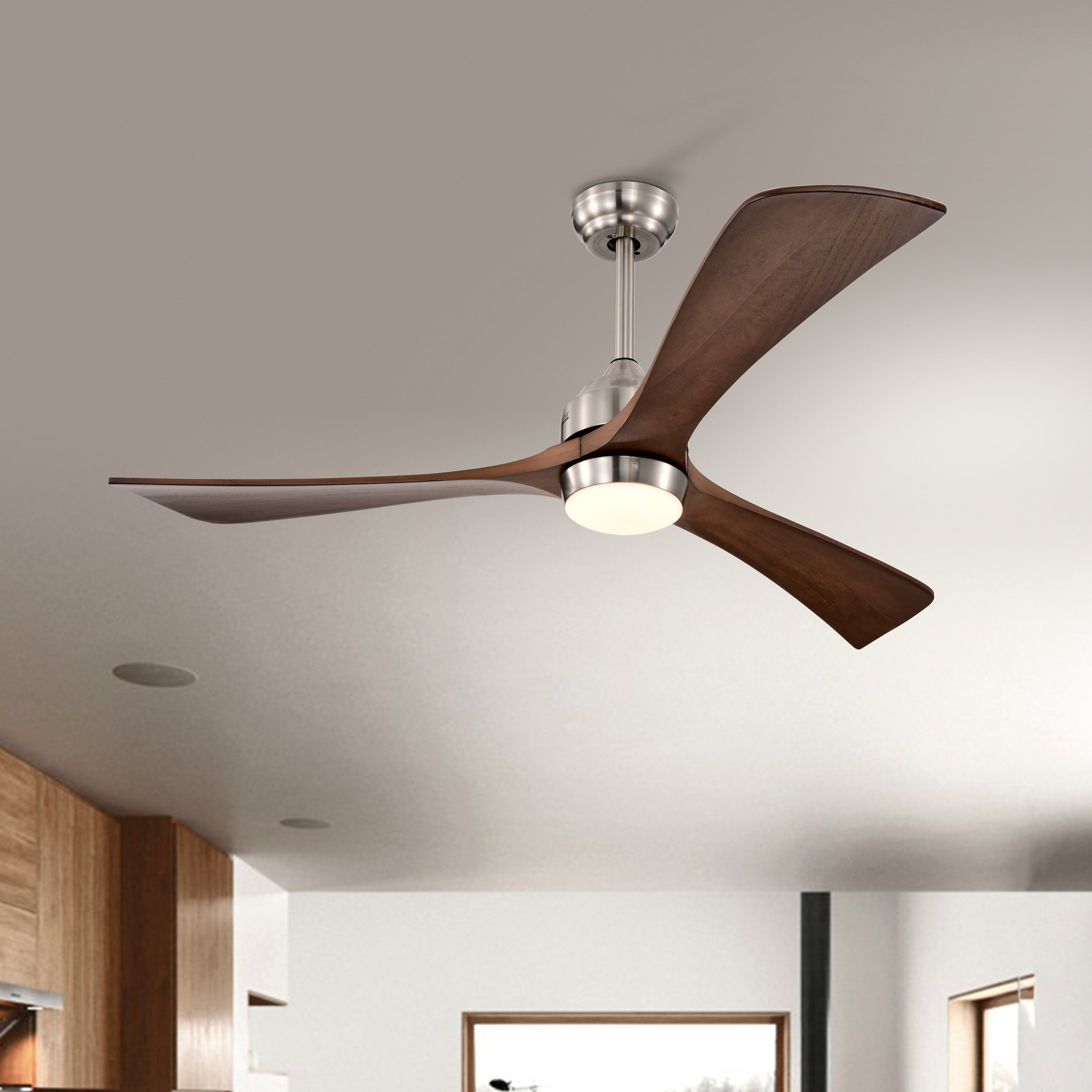 52" Ceiling Fan with Lights Remote Control,Quiet DC Motor 3 Wood Blade Ceiling Fans 6 Speed Levels,Reversible Ceiling Fan, for Patio Living Room, Bedroom, Office,Indoor.(Stain nickel + Walnut )--1