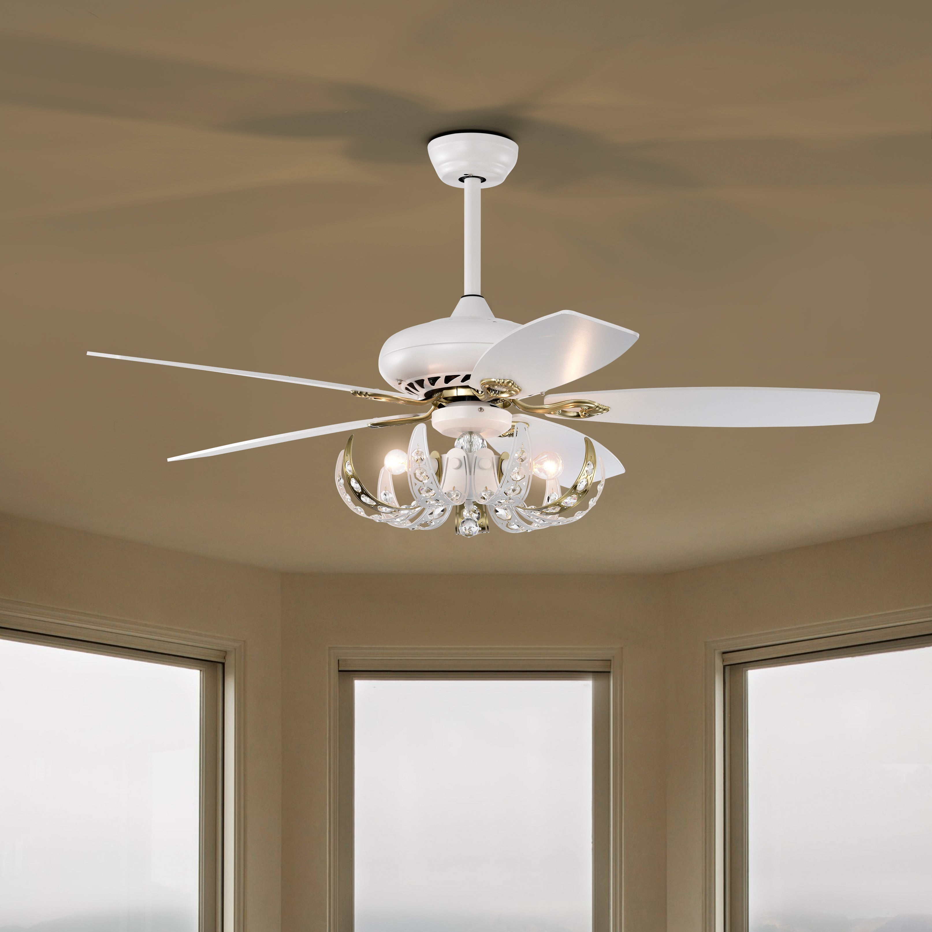 52" Crystal Ceiling Fan with 5 Reversible Blades Light Kit and Remote Control, 3-Speed  - Matte White--1