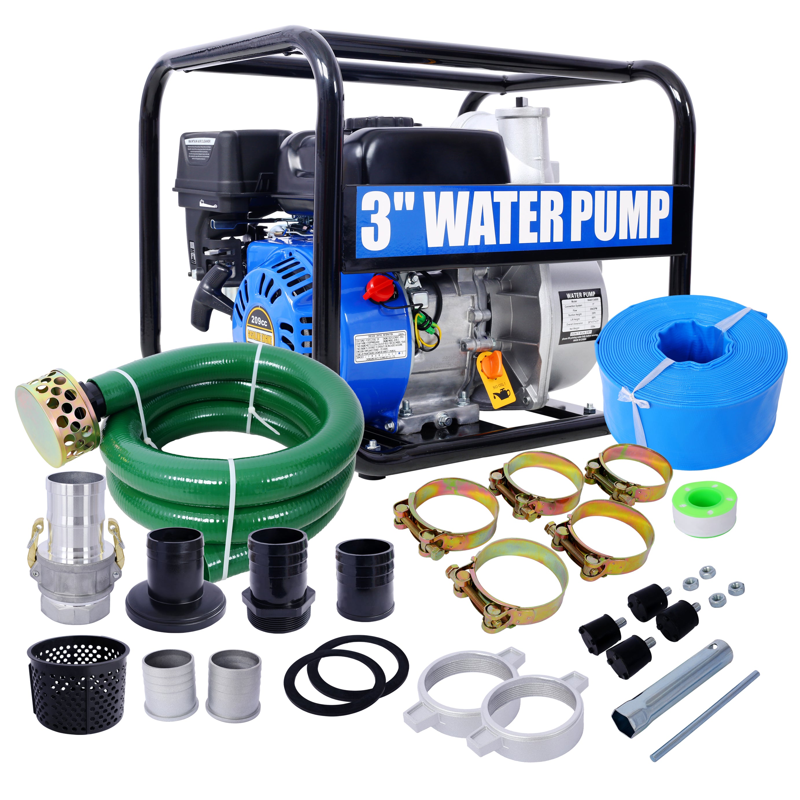 Semi Trash Pump 3 inch, 209cc 7HP 4 stroke OHV ENGINE, Gas Powered Semi Trash Water Pump  50 ft Discharge Hose, 12 ft Suction Hose with Complete Fittings,EPA compliant--1