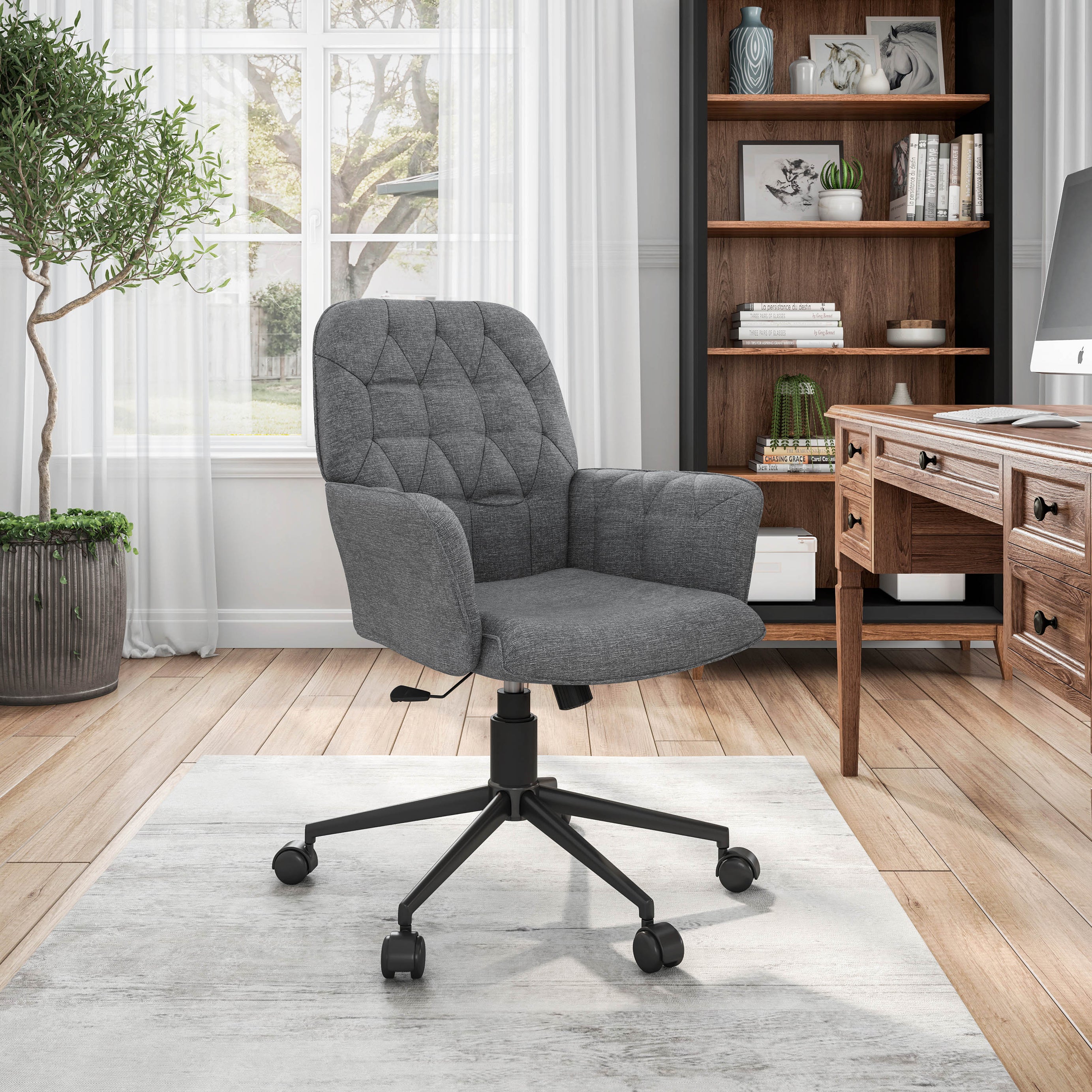 Techni Mobili Modern Upholstered Tufted Office Chair with Arms, Grey--1