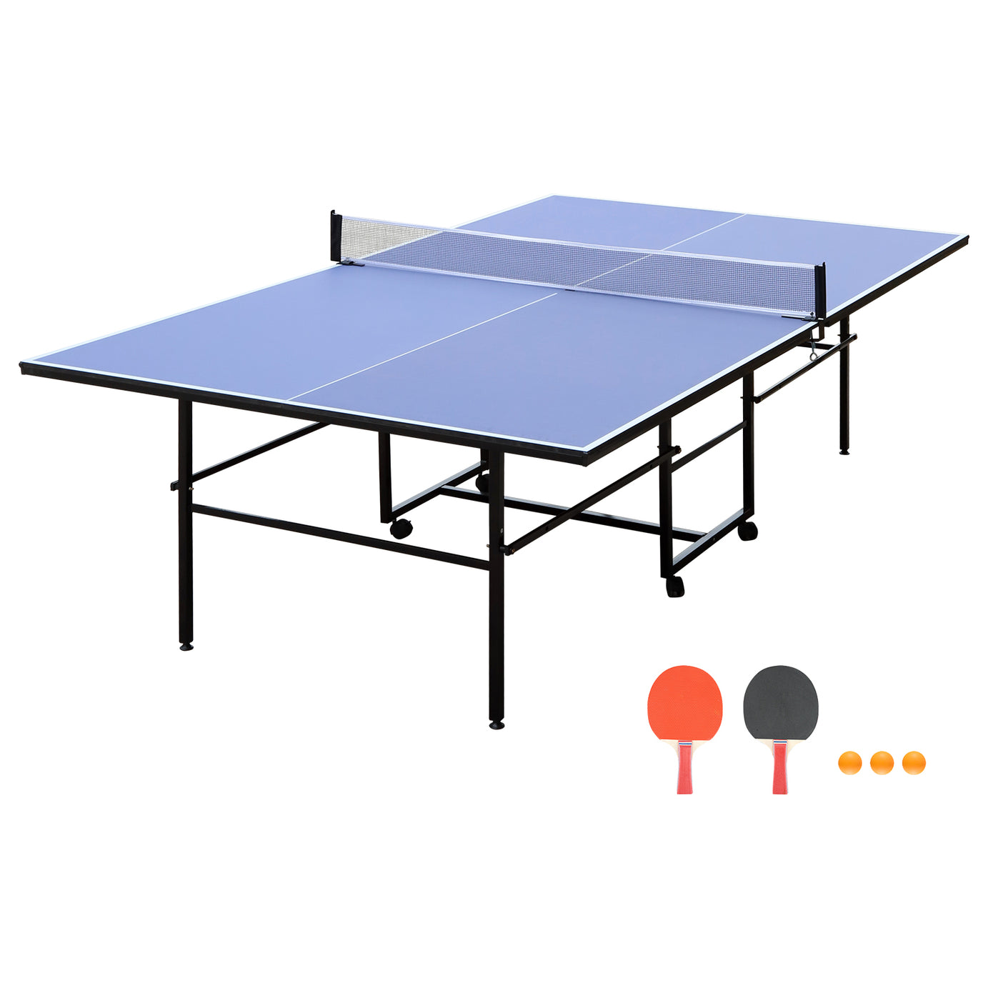 9ft Mid-Size Table Tennis Table Foldable & Portable Ping Pong Table Set for Indoor Games with Net, 2 Table Tennis Paddles and 3 Balls--1