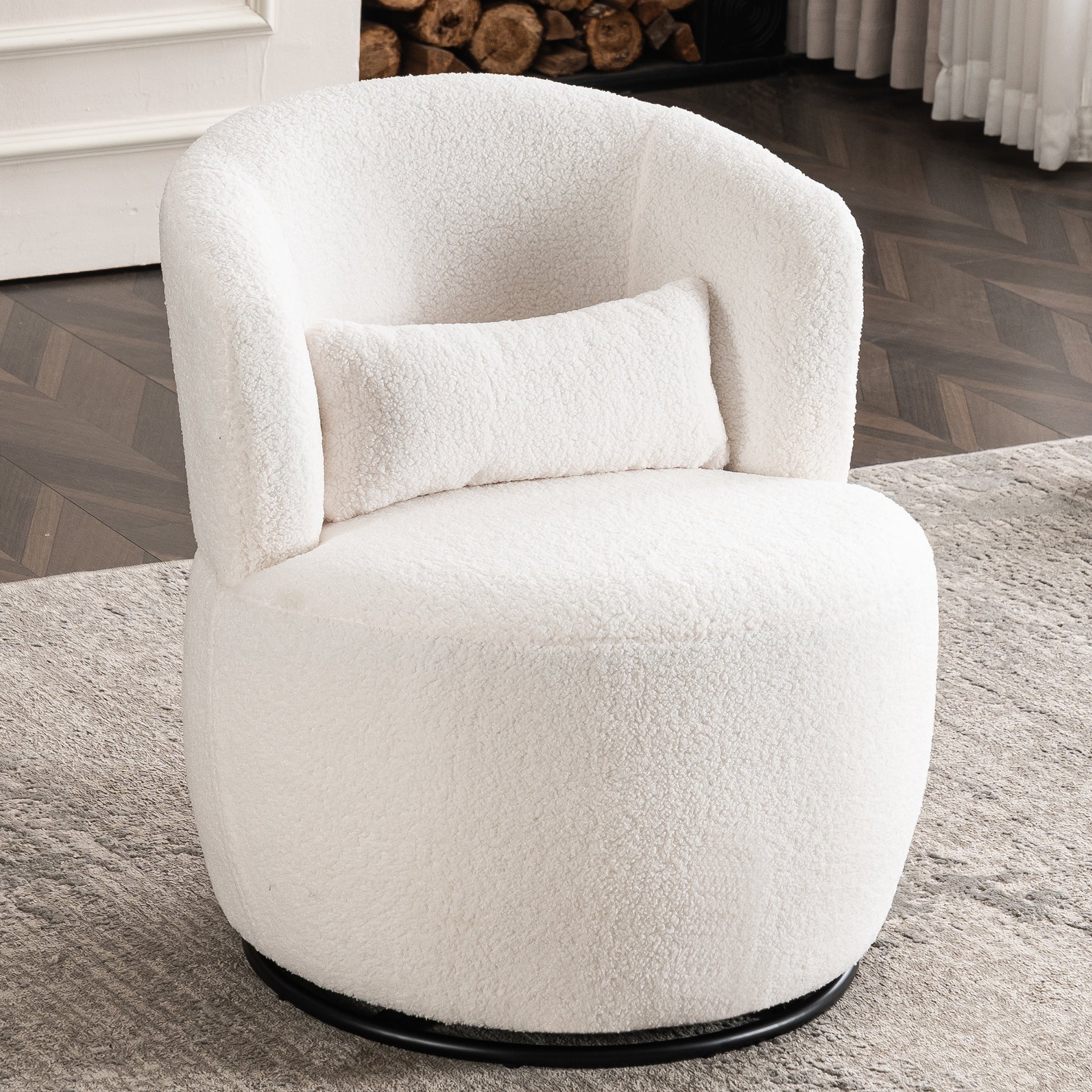 White Plush Swivel Accent Chair - Contemporary Round Armchair with 360° Rotation and Metal Base for Living Room Elegance--1