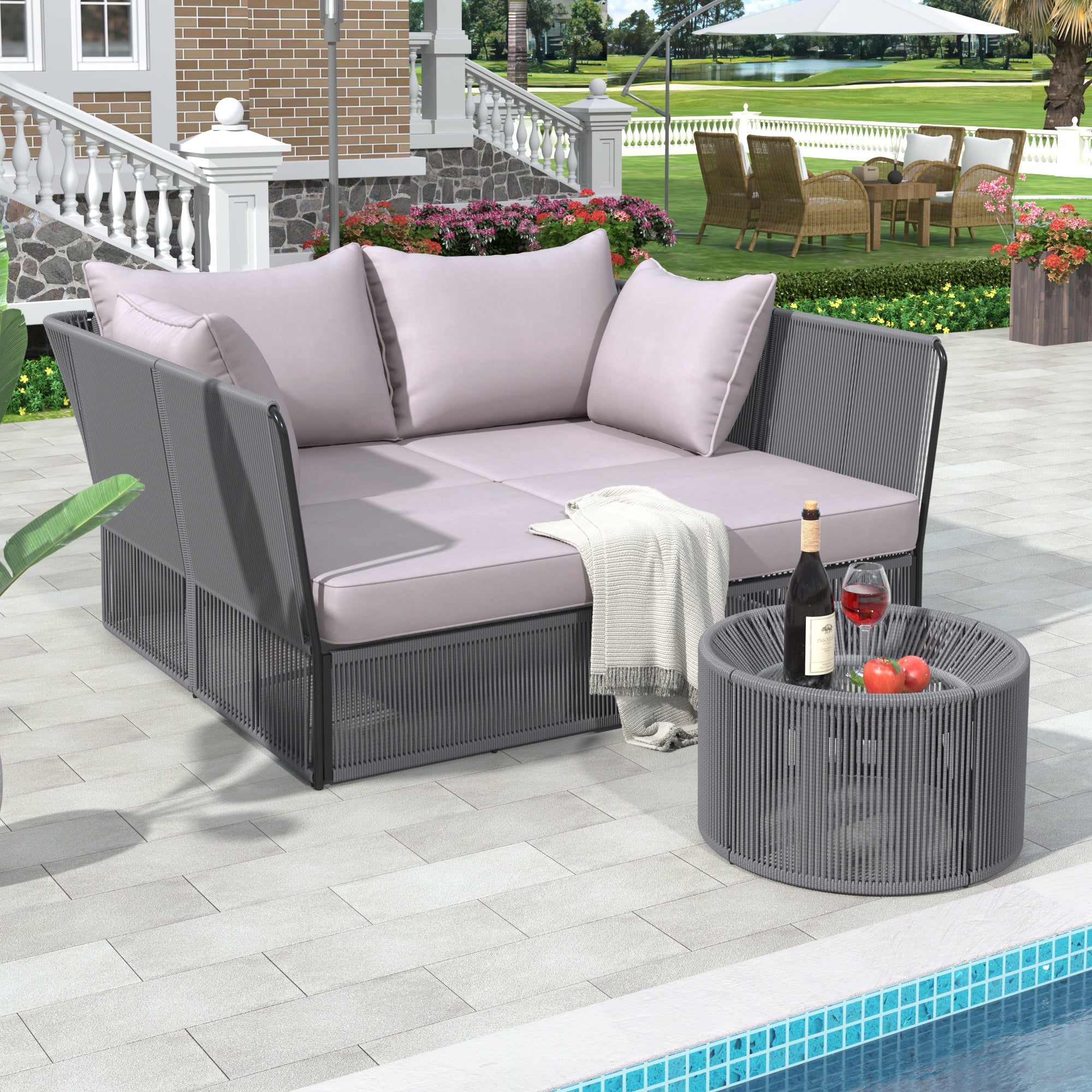 TREXM 2-Piece Outdoor Sunbed and Coffee Table Set, Patio Double Chaise Lounger Loveseat Daybed with Clear Tempered Glass Table for the patio, poolside (Grey Cushion + Dark Grey Rope)--1