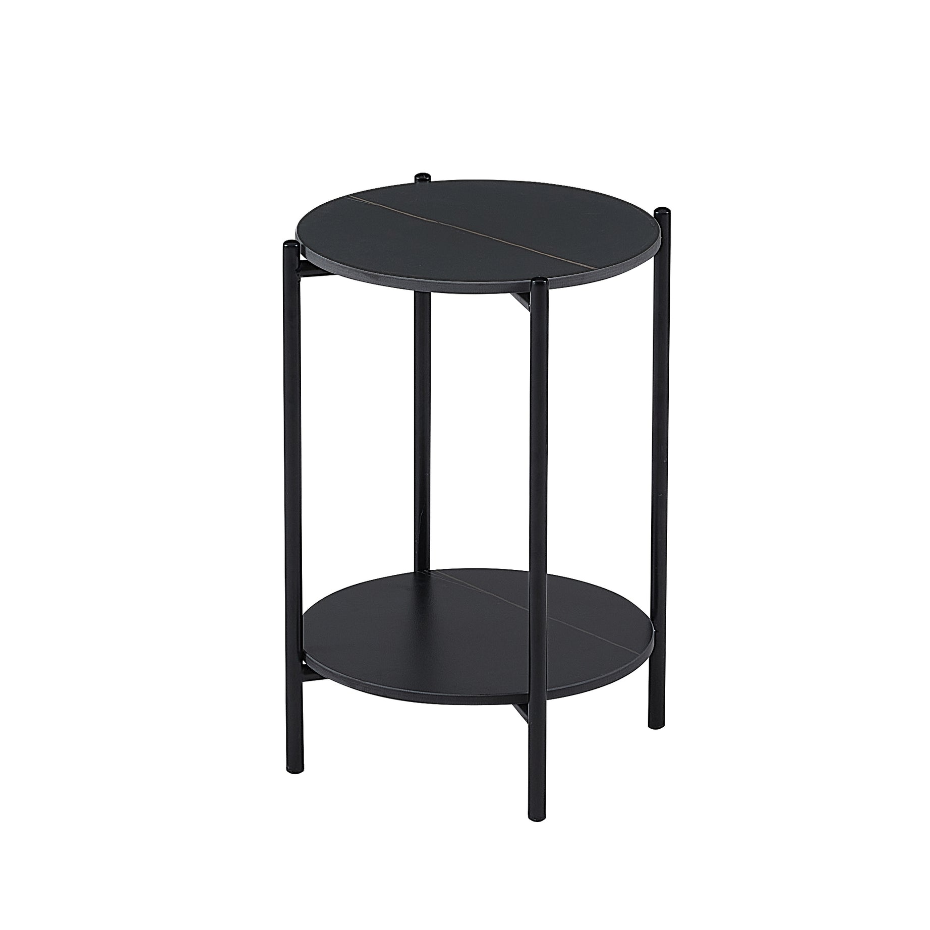 2-layer End Table with Whole Marble Tabletop, Round Coffee Table with Black Metal Frame for Bedroom Living Room Office-black,1 piece--1